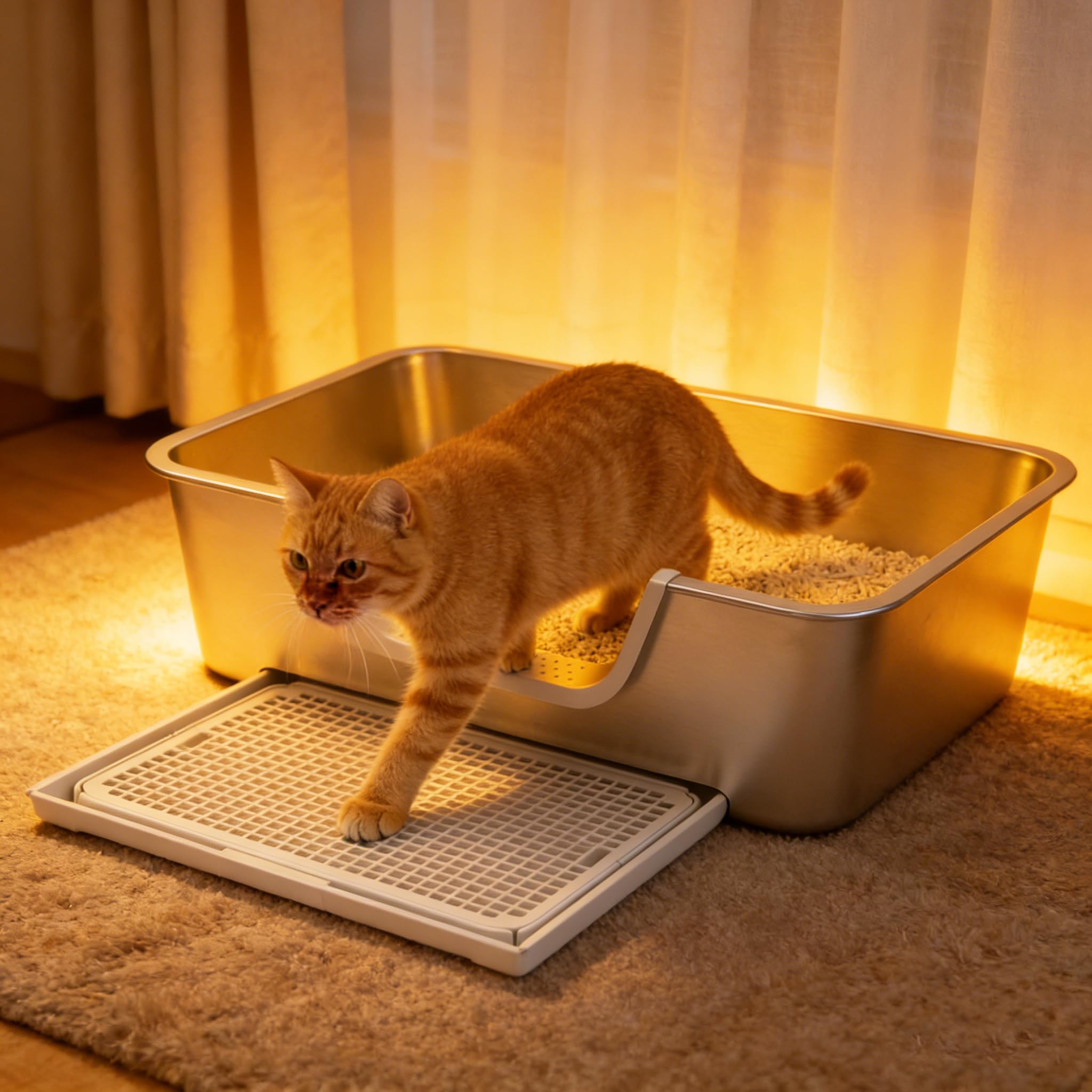 Edelstahl Katzenklo Groß XXL mit Sieb, Hoher Rand & Niedriger Eingang, Geruchsfrei, Leicht zu Reinigen, Katzenklo Metall für Große Katzen & Mehrkatzenhaushalte, 60×40×20cm