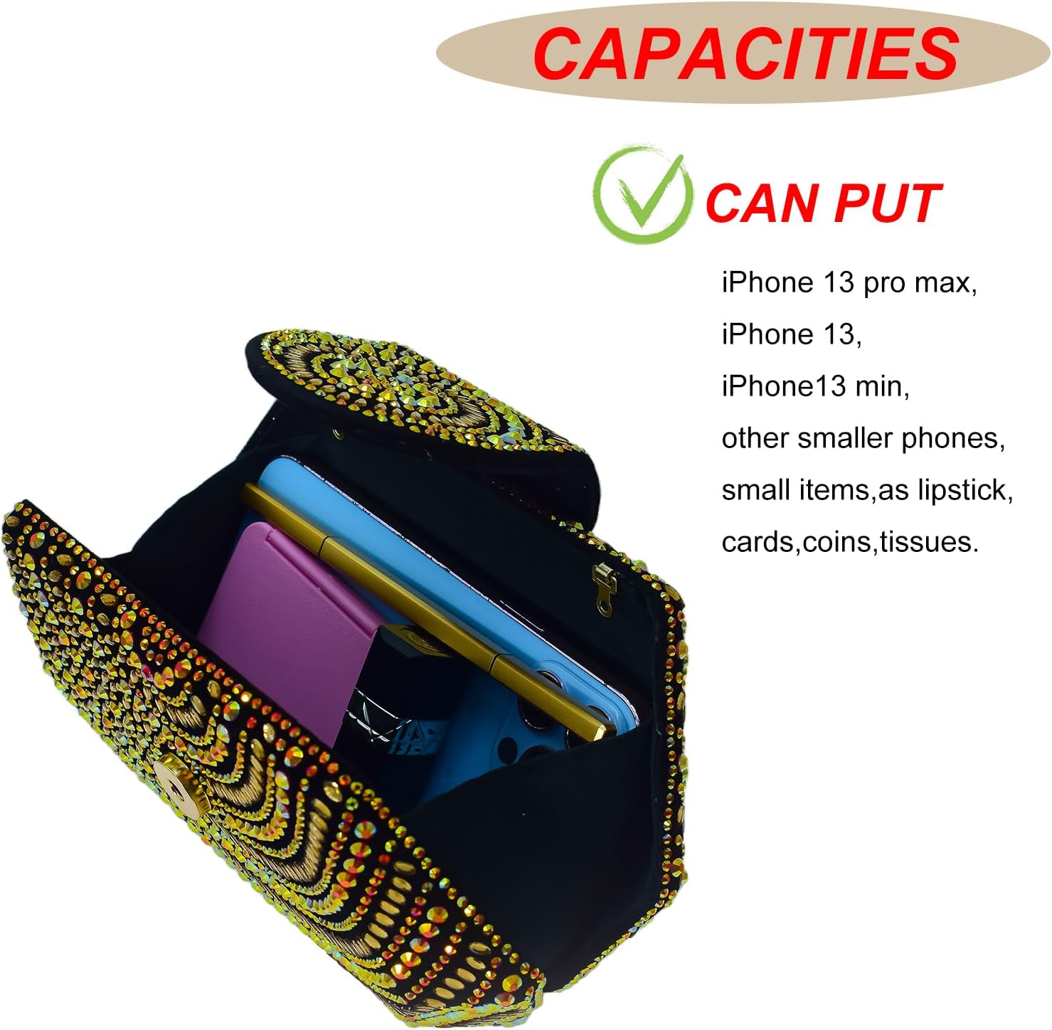 HUANG ZHUANG Colorful Rhinestone Clutch Purse for Women Vintage Black Velvet Handbag Wedding Party Bag