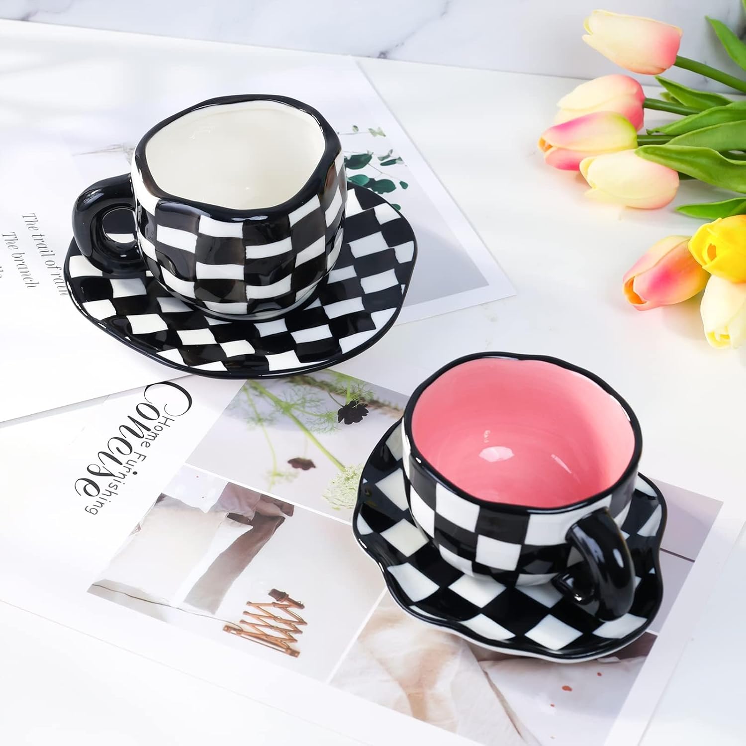 Cute Coffee Cup with Saucer, Ceramic Coffee Cup, Unique Coffee Cups - 10 oz (Black and White)