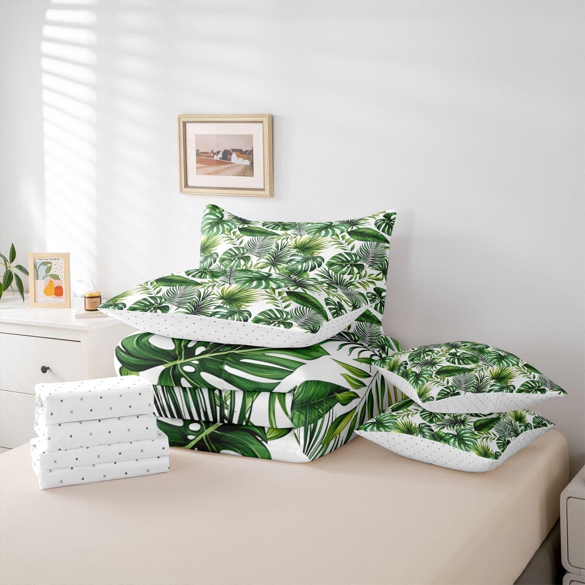 Erosebridal Palm Leaves Comforter Set Hawaiian Bed in A Bag Queen Size 7 Pieces Monstera Banana Leaves Bed Set Room Decor Summer Tropical Bedding with Sheets