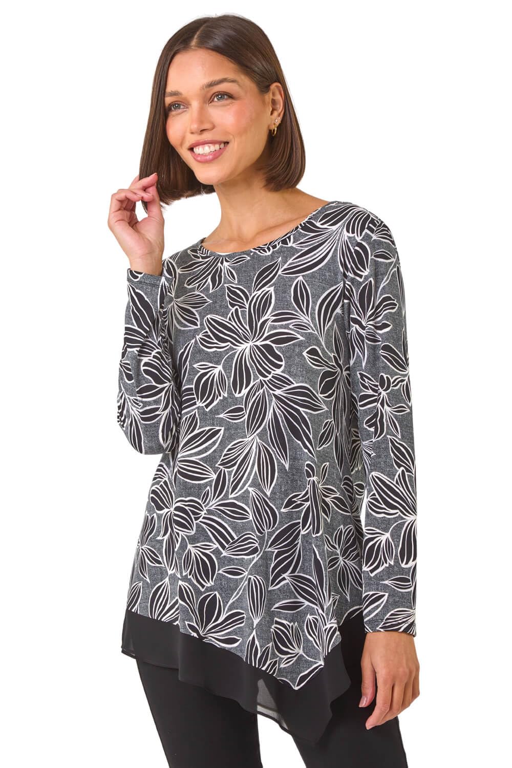 Roman Women's Black Floral Puff Print Chiffon Hem Top Size 12