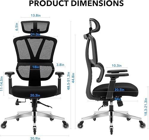 Miniatura 3 de Chair Master Silla ergonómica de oficina con respaldo alto  Ruedas de hoja rodante  Silla de malla  para ejecutivos, asistentes a la oficina,