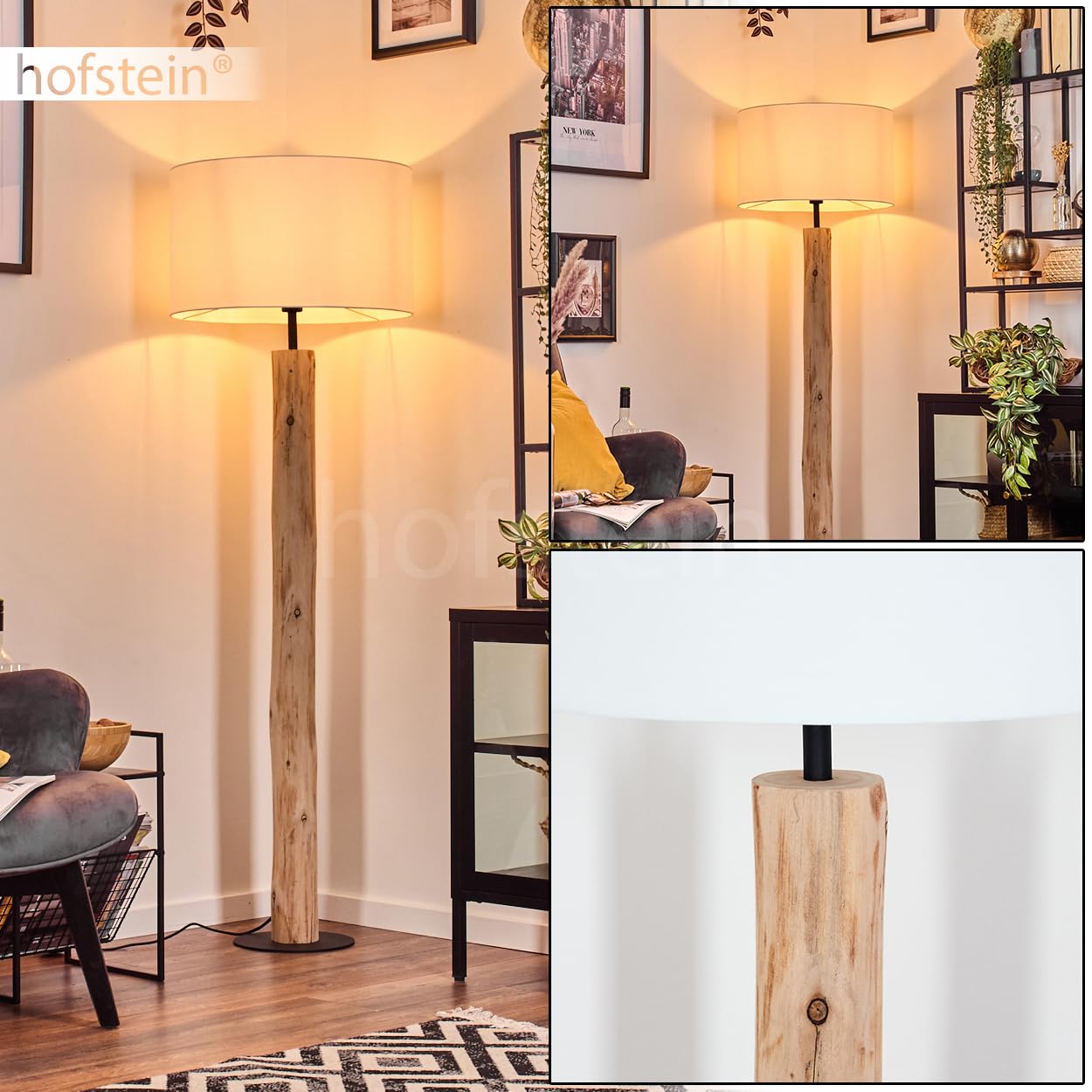 Lampada da terra Flemming, lampada da terra in legno/metallo/tessuto colori naturale/nero/bianco, design scandinavo con paralume rotondo (Ø 50 cm) e interruttore a pedale, E27, senza lampadina