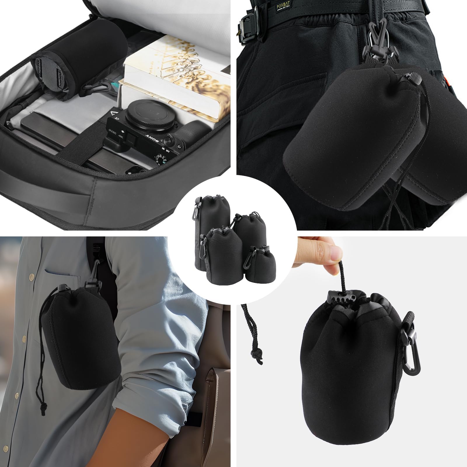 4 Stück Objektivtasche Set aus Neopren Objektivbeutel in 4 Größen,Schwarz mit Kordelzug, Kamerazubehör Schutz für Kamera Objektiv,weiche Schutzbeutel für DSLR Zubehör Canon Nikon Sony Pentax Olympus