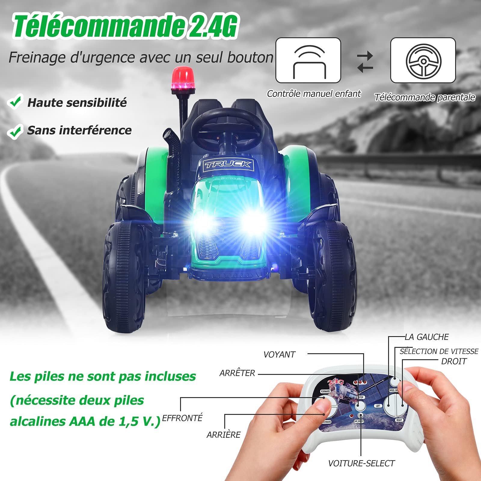 GOPLUS 12V Tracteur Électrique avec Remorque, Voiture Électrique Enfants 1 Place avec Télécommande 2,4G,Véhicule Convient aux Enfants de 3 à 8 Ans avec Lumières, Musique (Vert)