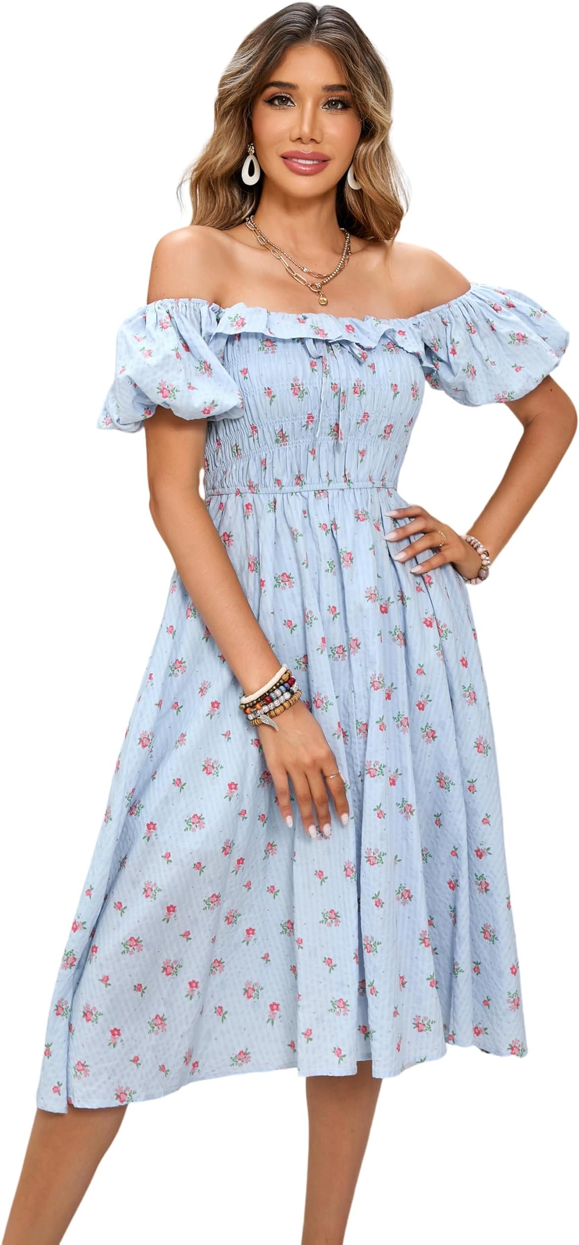 R.Vivimos Womens Summer Floral Print Puff Sleeves Vintage Ruffles Midi Dress