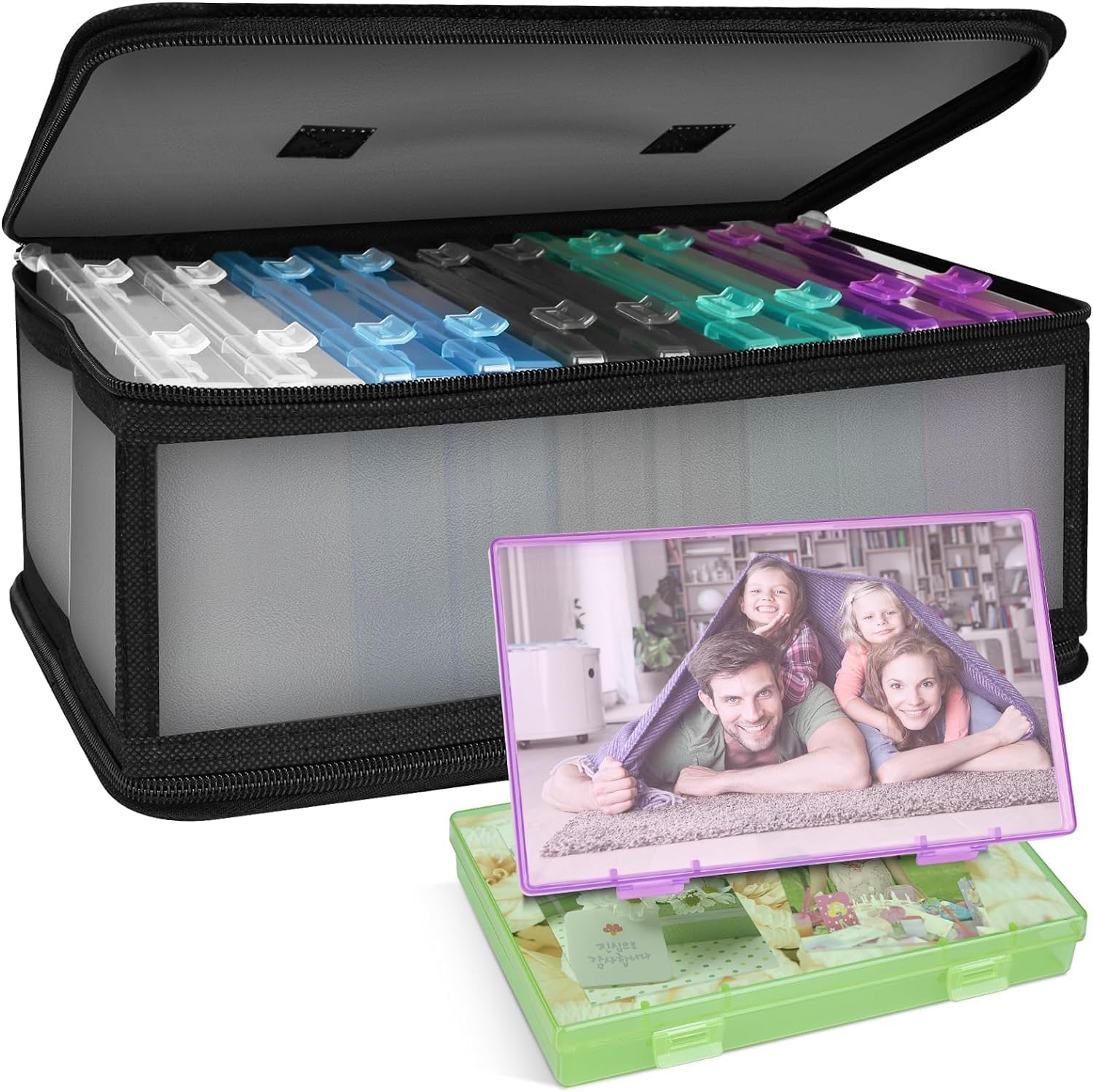 Bluedale Photo Storage Box with 10 Inner 4" x 6" Multicolour Photo Cases, Waterproof Craft Keeper with Handle, Organizer Container Box with 1 Sheet Label Sticker for Picture Seeds Craft Supplies
