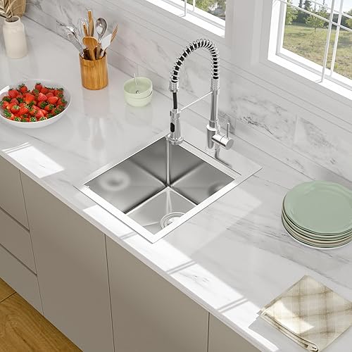 Miniatura 3 de Fregadero de barra desplegable de 15 x 20 pulgadas, fregadero de cocina de acero inoxidable con repisa superior, hecho a mano, calibre 16, fregadero