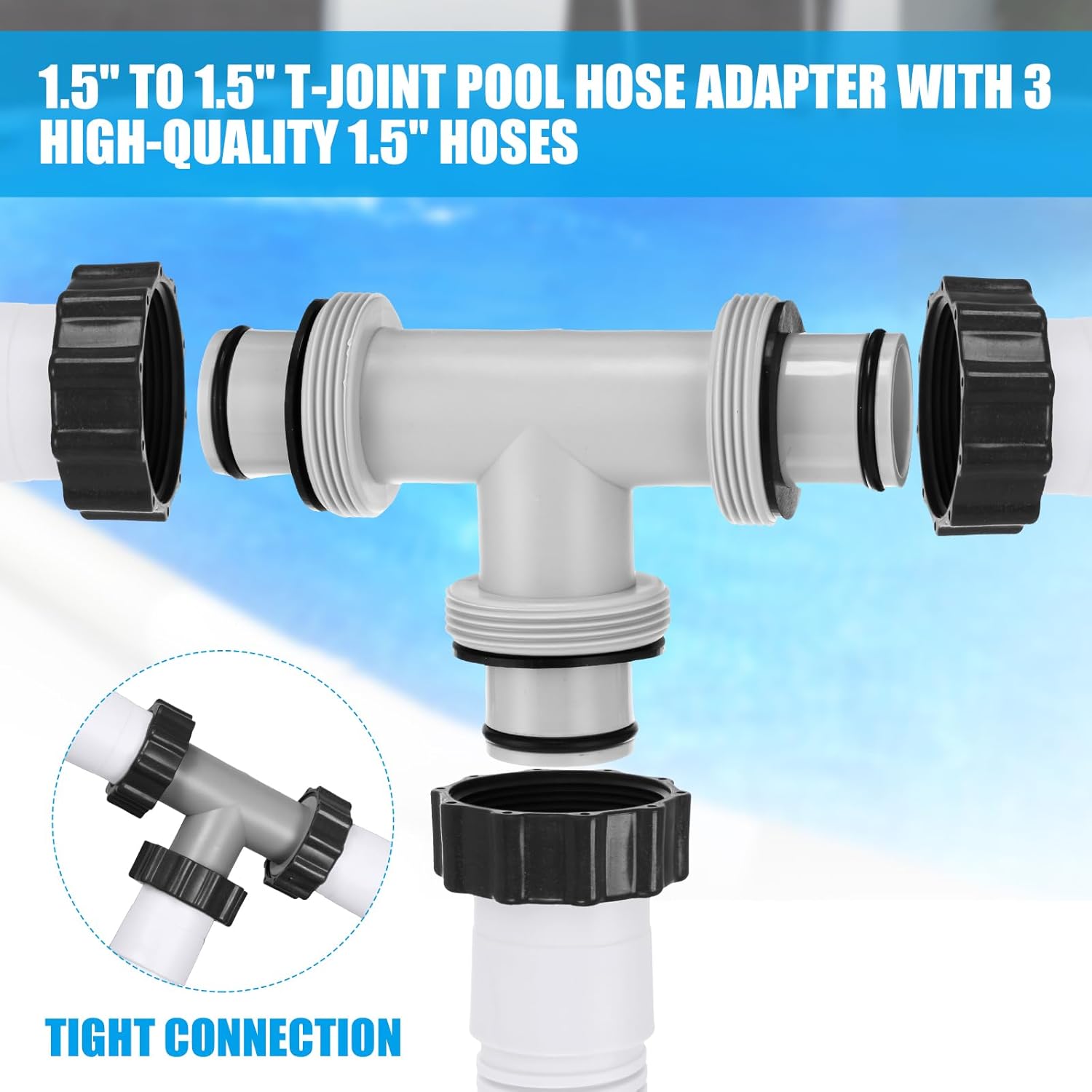Frienda 1.5" to 1.5" T Joint Pool Hose Connector with 3 Pcs 1.5" Diameter Pump Replacement Hose 59" Long, Pool Hose Adapter and Replacement Accessories Fitting for Filter Pump(White)