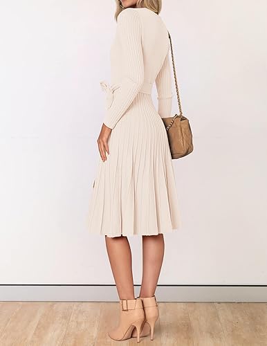 Miniatura 3 de ZESICA Vestido de Suéter para Mujer de Otoño de Manga Larga con Cuello en V Envolvente de Punto Acanalado Plisado Línea A Pullover con Cinturón