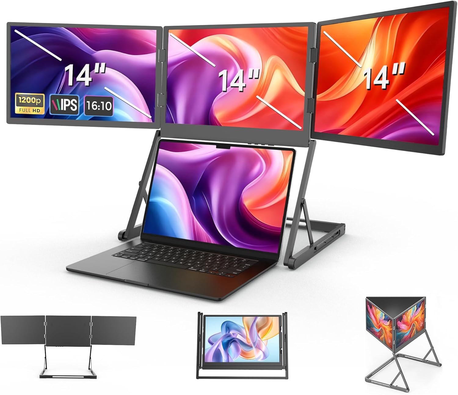 14-inch Laptop Screen Extender with 360° Swivel Axis Design, Portable Foldable Triple Monitor, HDMI/USB-C Compatible with Windows, Mac