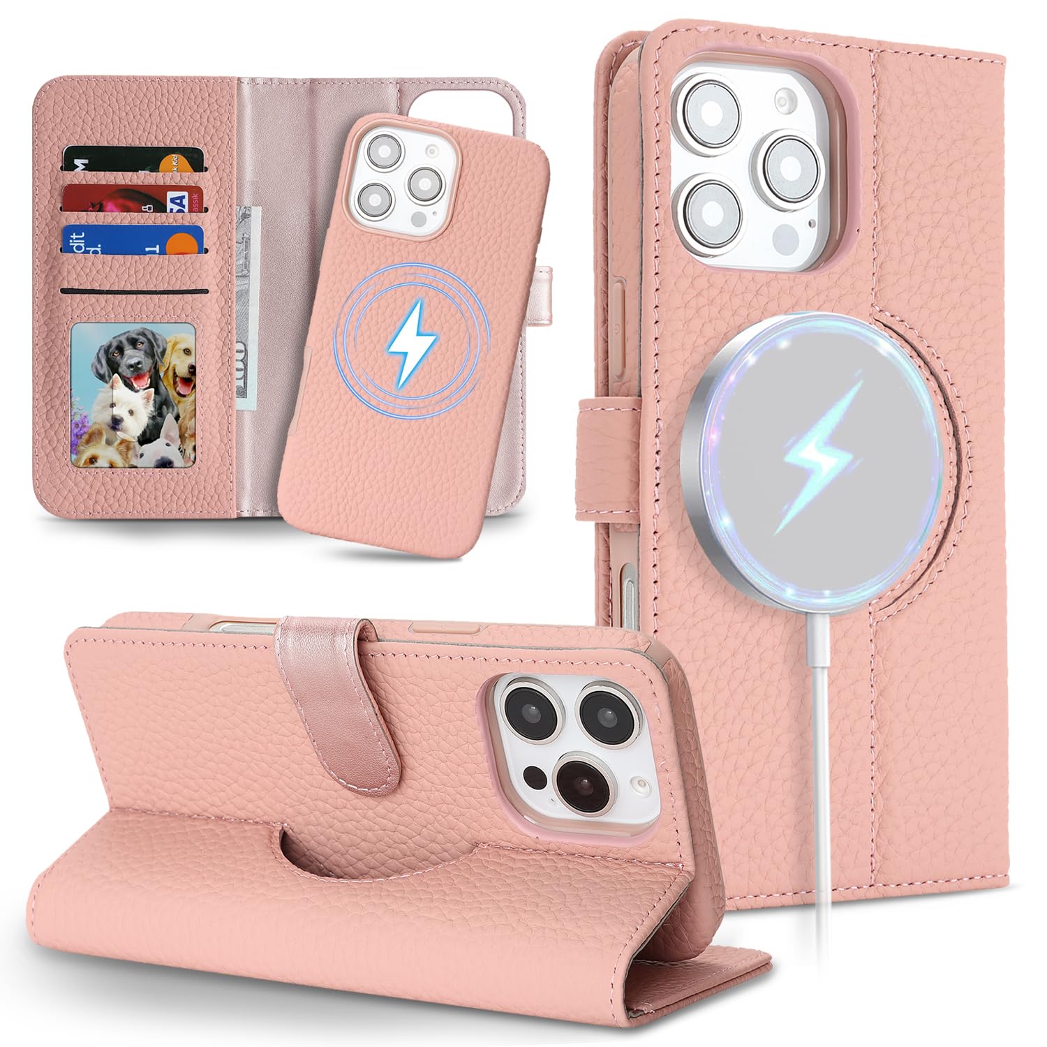Detachable Genuine Leather Case for iPhone 16 Pro Max Wallet Case Magnetic 2in1 Removable Flip Cover Book Purse Compatible with Magsafe Charging Kickstand Card Holder-Pink
