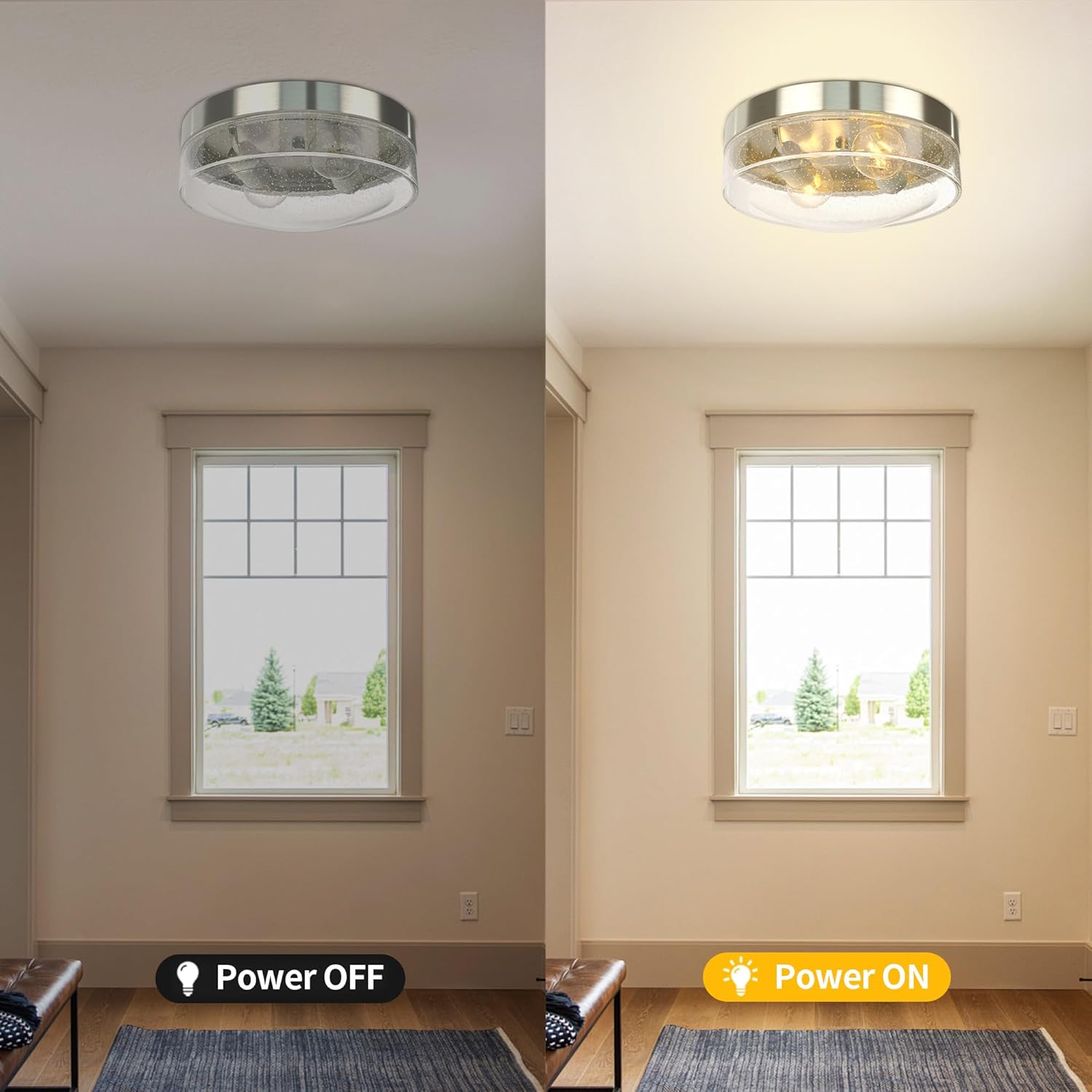 Kalium Flush Mount Ceiling, 2-Light Farmhouse Ceiling Mount with Seeded Glass Lampshade, Industrial Flush