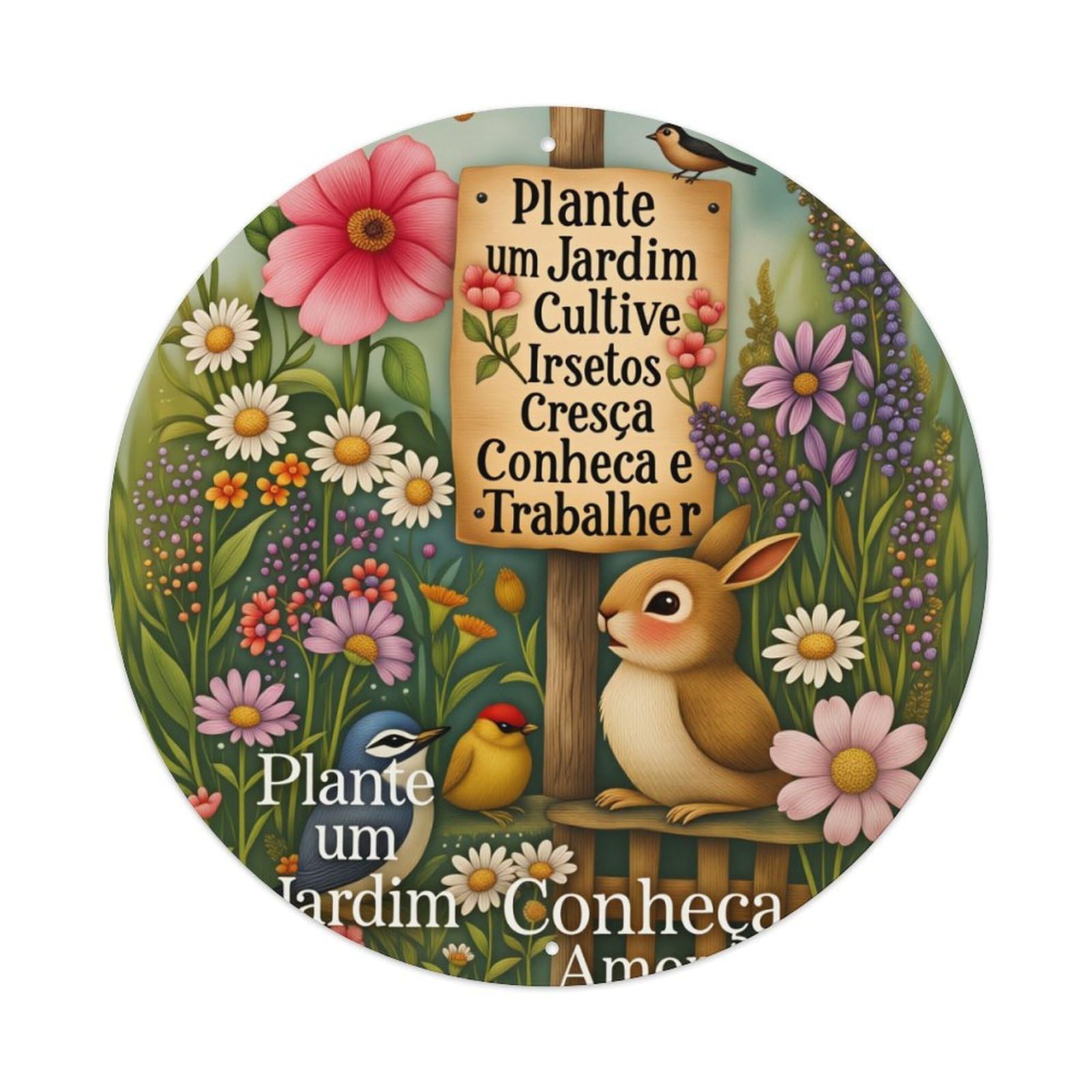 Flower Garden Bunny Bird Sign Round Tin Sign Vintage Style Metal Sign Home Bar Garden Wall Plaque Decor Metal Poster 8x8 Inch