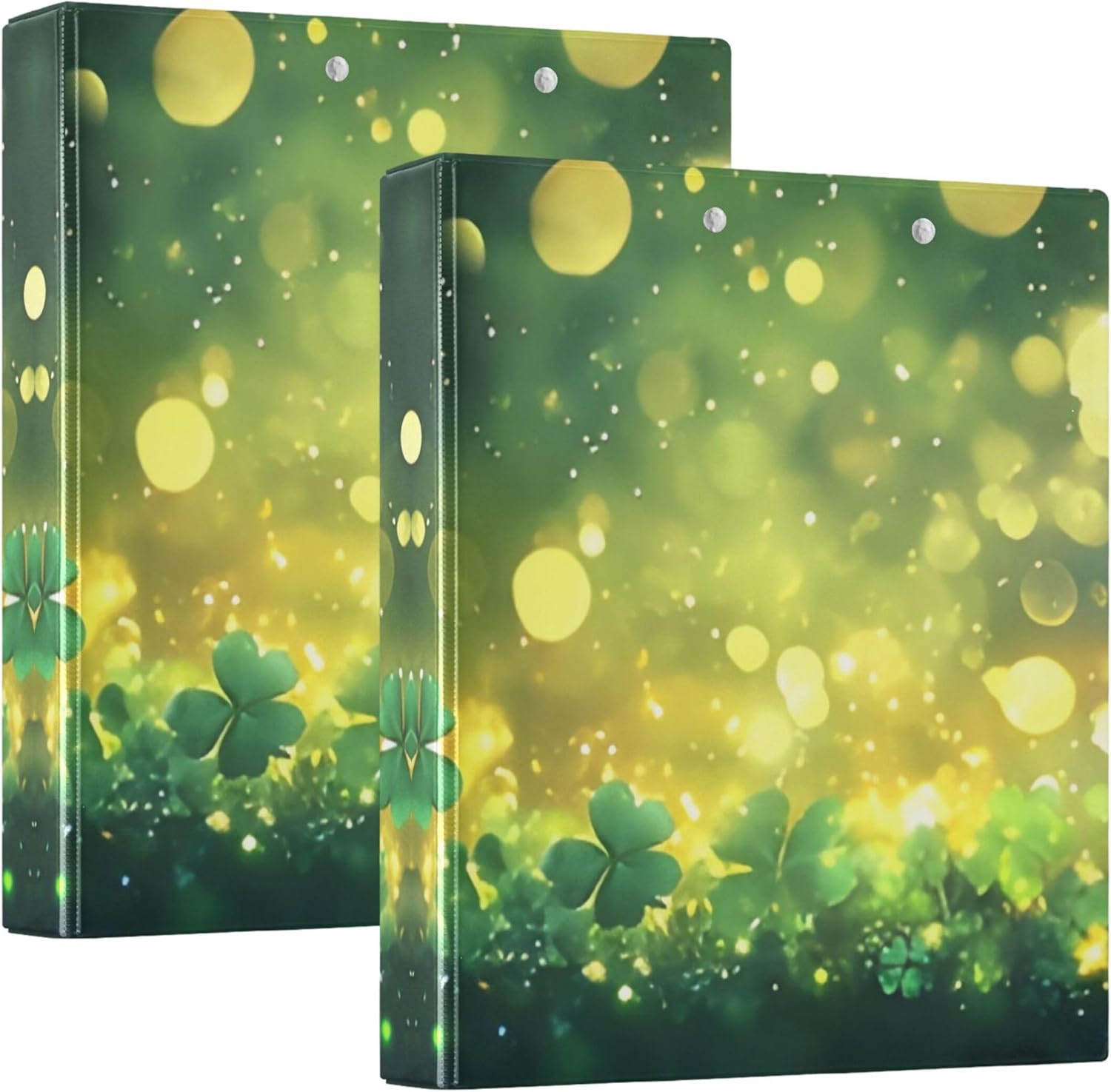 St. Patrick's Day Clover 3 Ring Binders, 1.5” Round Ring Binders with Clipboard - Letter Size, 3 Interior PVC Clear Pockets & Anti-Slip Clip for Office School Supplies, 2PCS