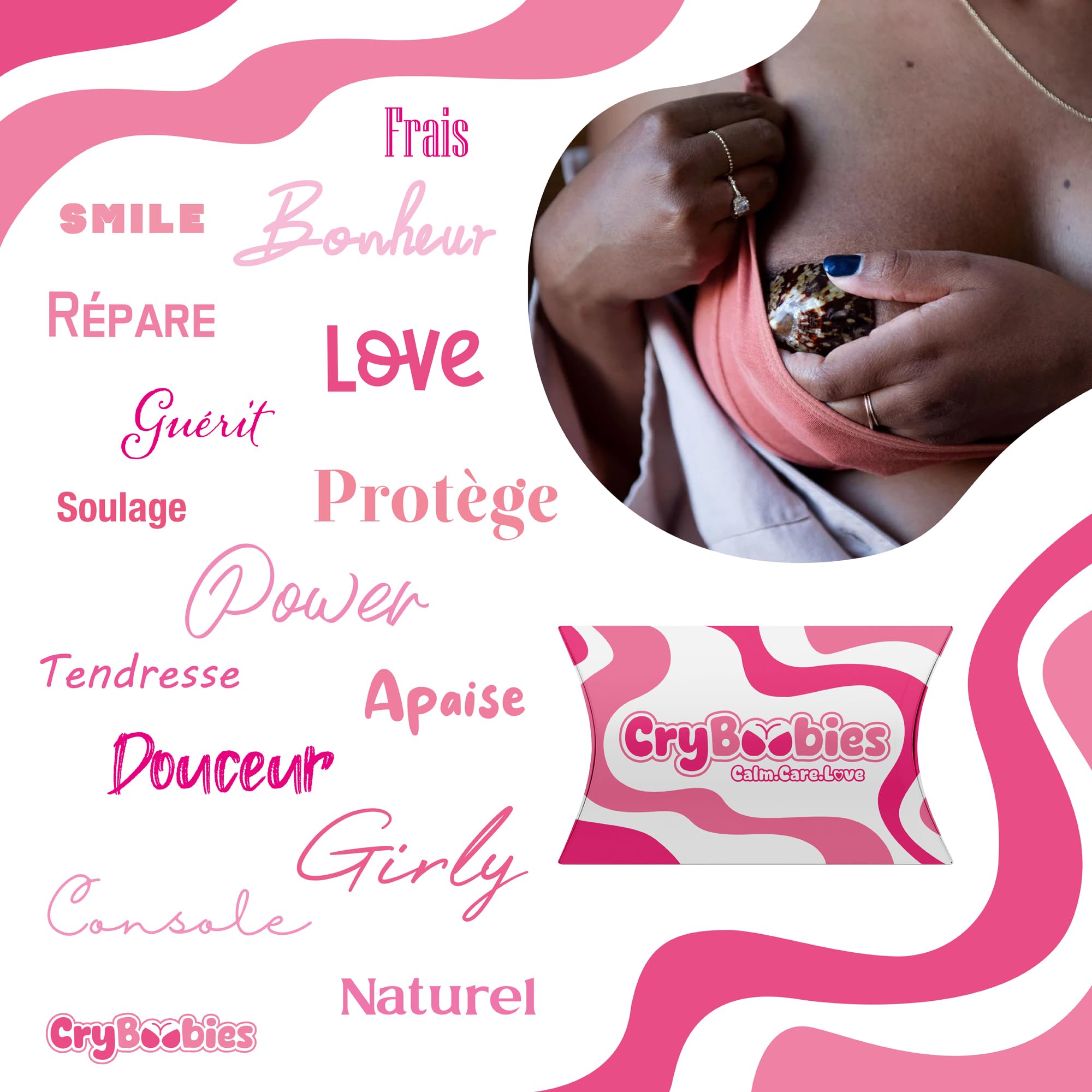 Coquillages d'allaitement + 4 Coussinets + Collier + Bracelet Quartz Rose - Cadeau fête des mères