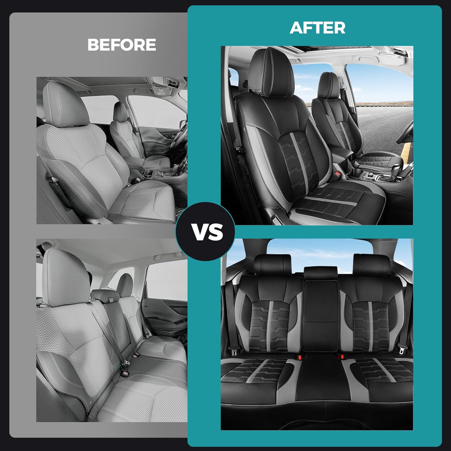 Seat Covers for Subaru Crosstrek Outback Forester 2014-2026, 4-Layer Waterproof Leather, Full Coverage with Airbag Support, Full Set, Black Gray