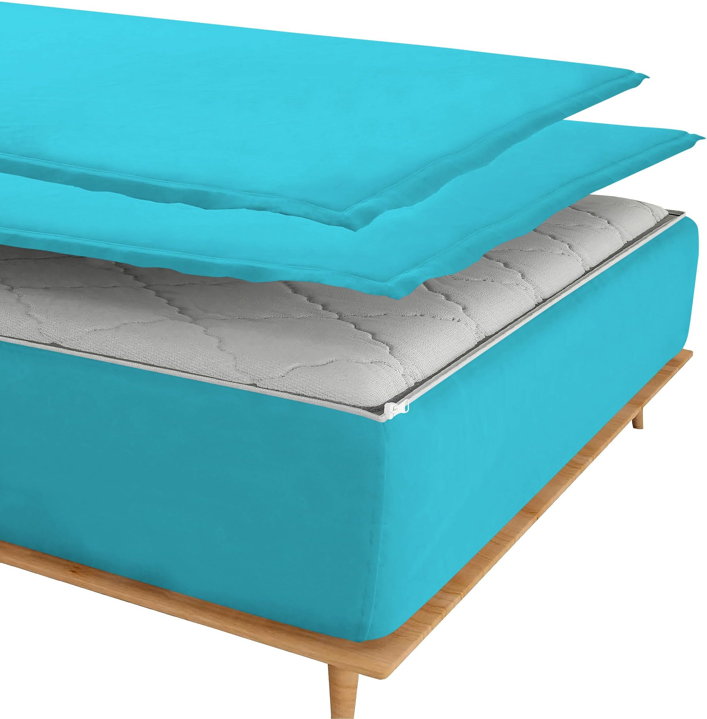 Zipper Fitted Sheet, (Full Size 54x75) - Includes (1 Elastic Fitted Sheet Base and 2 Zip-On Sheet), 18 Inch Drop, 800 TC, 100% Egyptian Cotton, Solid Turquoise Blue Color.