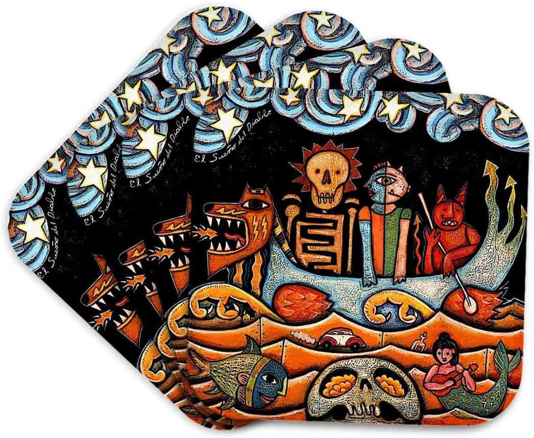 3dRose CST_21127_1 The Devil's Dream Folk Art Skulls Mexican Colorful Surrealism Soft Coasters, Set of 4