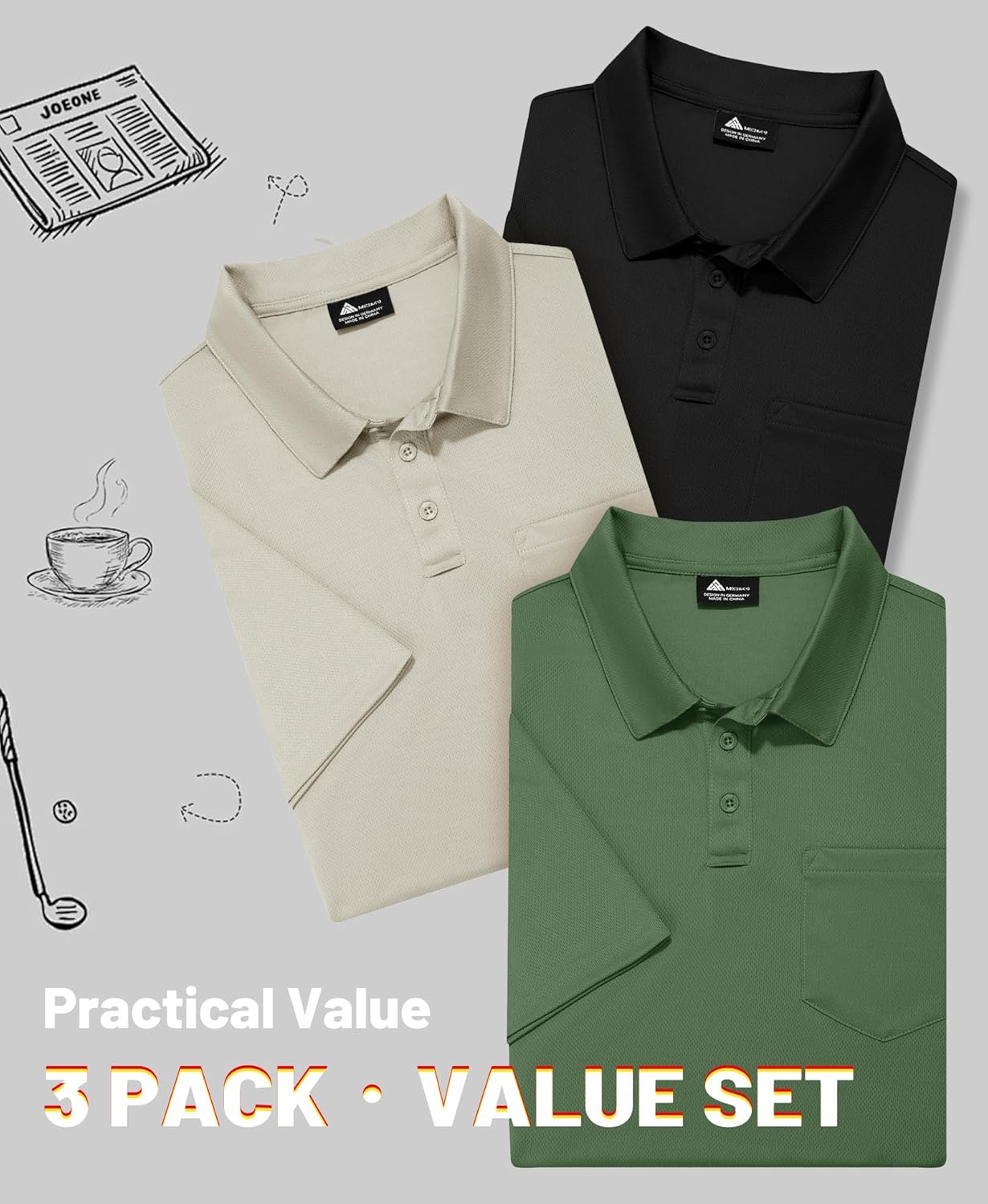ZITY Men's 3 Pack Polo Shirts Short Sleeve with Pocket Moisture Wicking Casual Work Golf Lightweight Collared T-Shirts