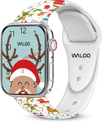 WALOO Adjustable Christmas Pattern Silicone Replacement Watch Band Compatible With Your Apple Watch Series 10/9/8/7/6/5/4/3/2/1/SE/Ultra Fits Sizes 38mm, 40mm, 41mm, 42mm, 44mm, 45mm, 46mm, 49mm