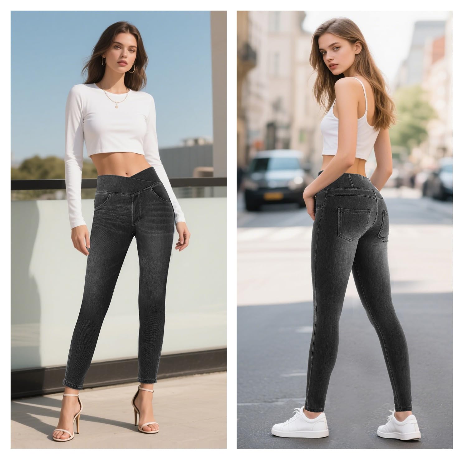 LaiEr Donna V Crossover Skinny Jeans Vita Alta Controllo Pancia Leggings Fitness Casual, Elasticità Morbida Stampa Denim Finto Casual con Tasche Laterali.