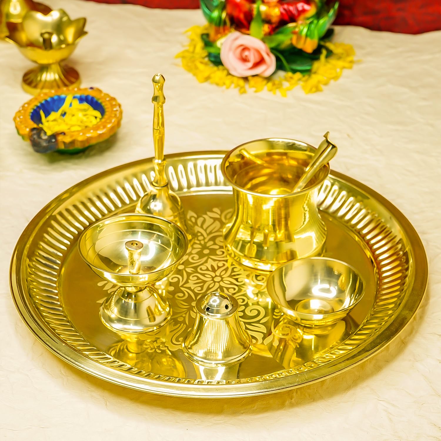 Ekhasa 100% Pure Brass 10 Inch Pooja Thali Set | Puja Thali Set for Home Or Gifting | Brass Aarti Thali For Pooja, Mandir, Wedding, Festivals | Pital Pooja Set Items For Home Decorative | Peetal Plate-image-17