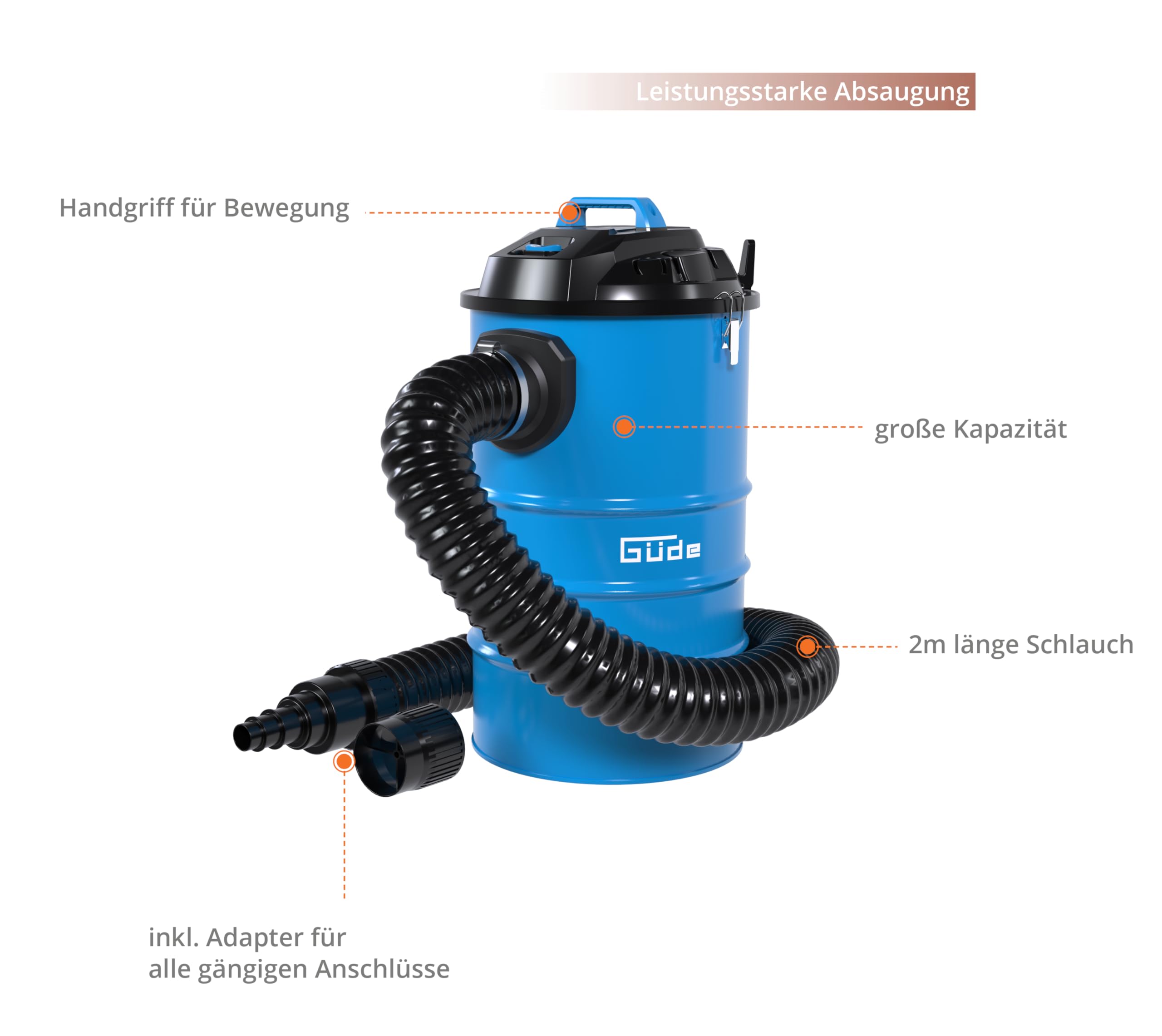 Güde Absauganlage GAA 55 (1200 W, 183 m³/h Luftleistung, 55 l Behältervolumen, 20.000 pa Unterdruck, 2 m Schlauchlänge / 10 cm Ø, inkl. Faltenfilter, Feinstaubvlies, Papierfilter & 5-tlg. Adapter-Set)