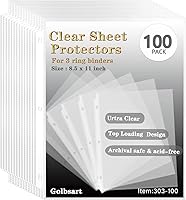 Golbsart Sheet Protectors 8.5x11, 100 Pack Top Loading Clear Plastic Sleeves for 3-Ring Binders - Waterproof, Dustproof, Reinforced Holes