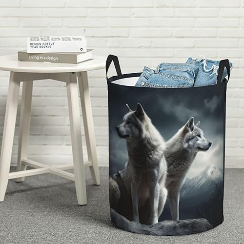 Miniatura 8 de Cesta circular con estampado de lobo en la noche, impermeable, cesta organizadora de lavandería, con asas, para ropa, juguetes, tamaño mediano