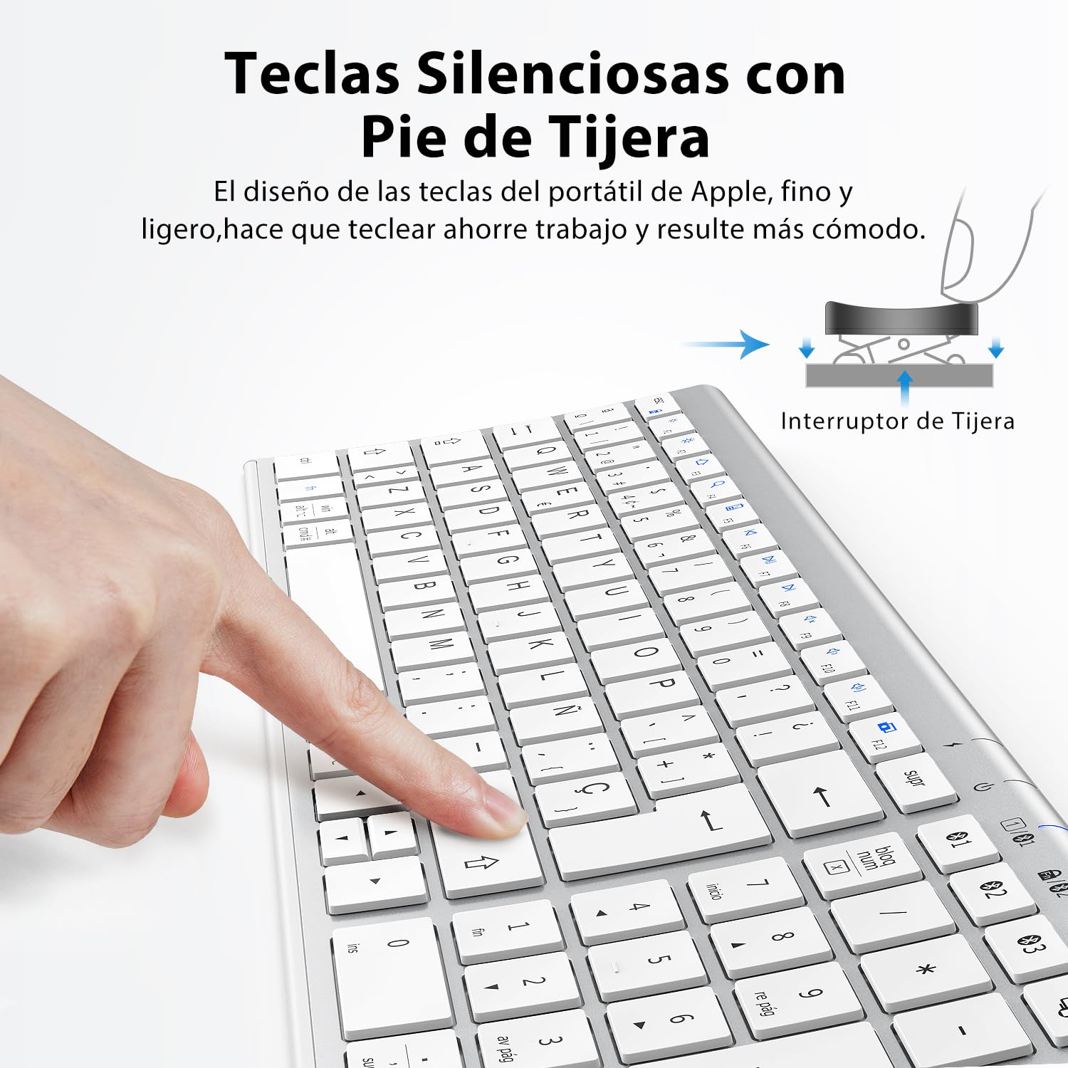 iClever BK10 Teclado Bluetooth Inalámbrico, Teclado QWERTY Español Tamaño Compacto, Diseño Ergonómico, Recargable, Compatible con Mac, iPad, iOS, Android, Windows 8/10/11, Conexión Estable