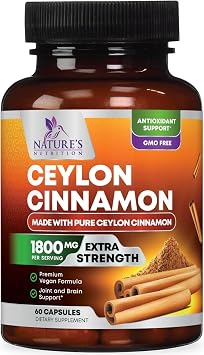Organic Ceylon Cinnamon Capsules - Extra Strength Certified Organic Ceylon Cinnamon Supplement 1800mg Per Serving - Energy & Heart Support Antioxidant Pill for Women & Men, Bottled USA - 60 Capsules