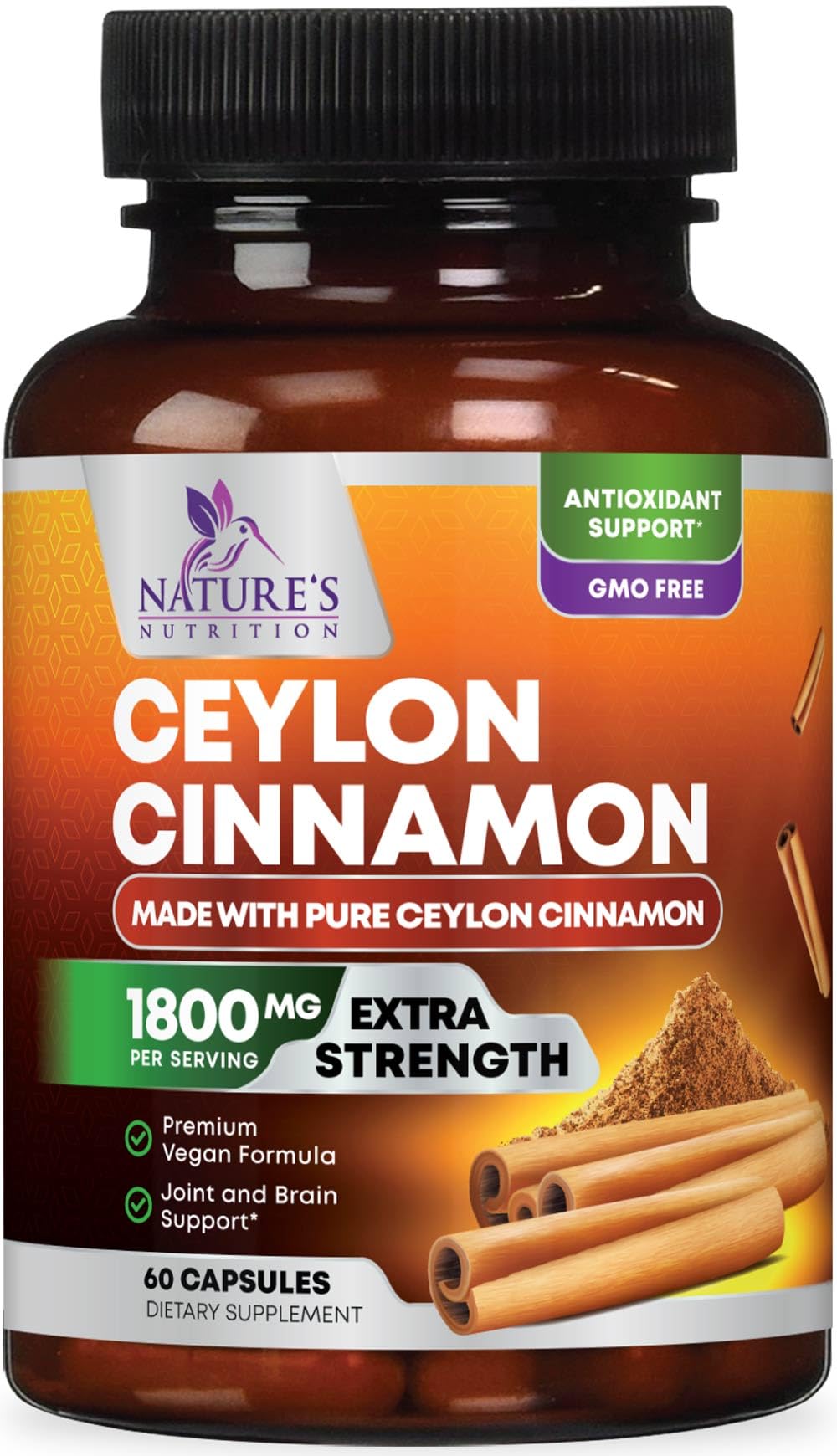 Organic Ceylon Cinnamon Capsules 1800mg - Extra Strength Certified Organic Ceylon Cinnamon Supplement - Energy & Heart Support Antioxidant Pill for Women & Men, Bottled USA - 60 Capsules 60 Count (Pack of 1)