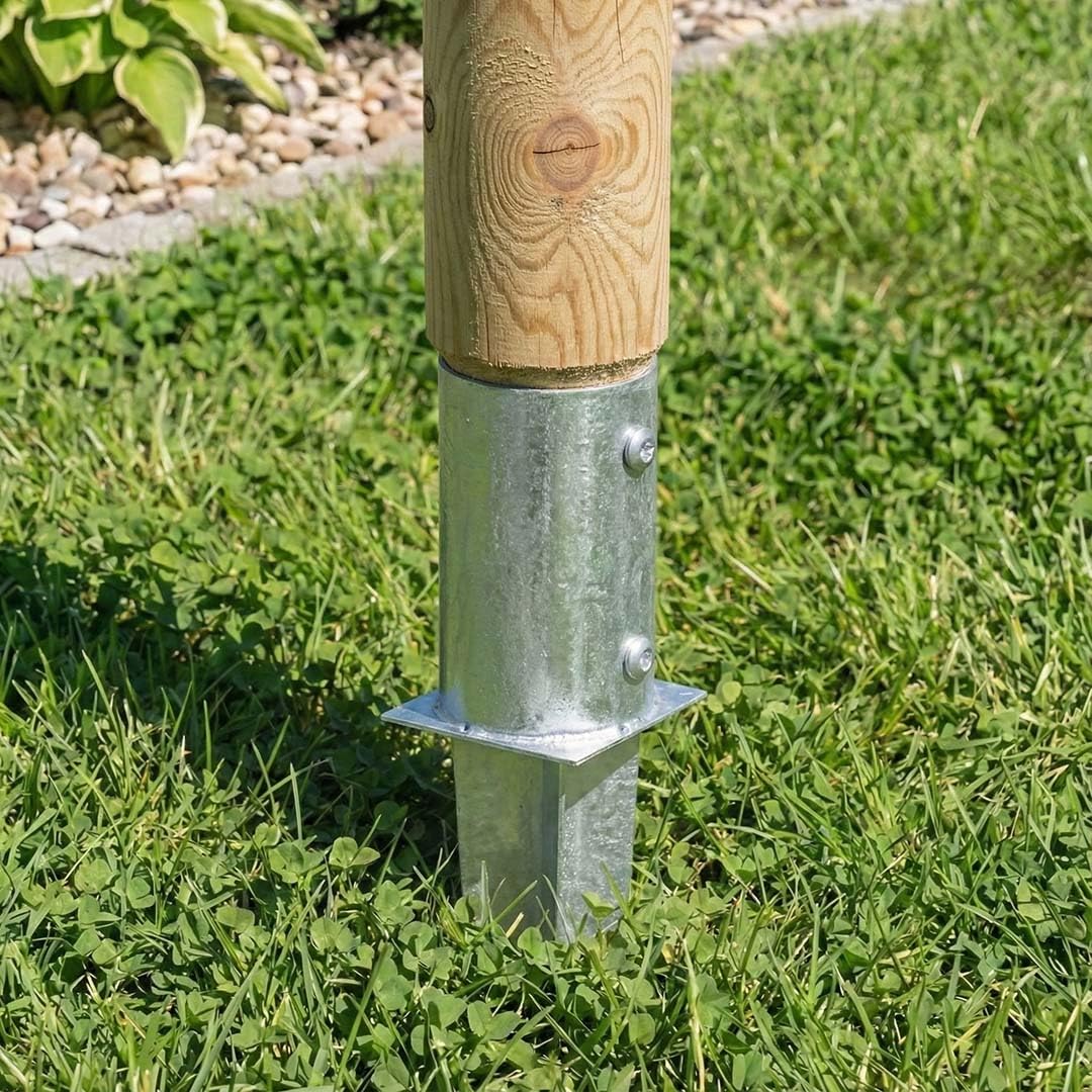 2 Stk. Einschlaghülsen/Bodenhülsen rund (81 mm) inkl. Schrauben, silber verzinkt, für gefräste und teilgefräste Pfosten