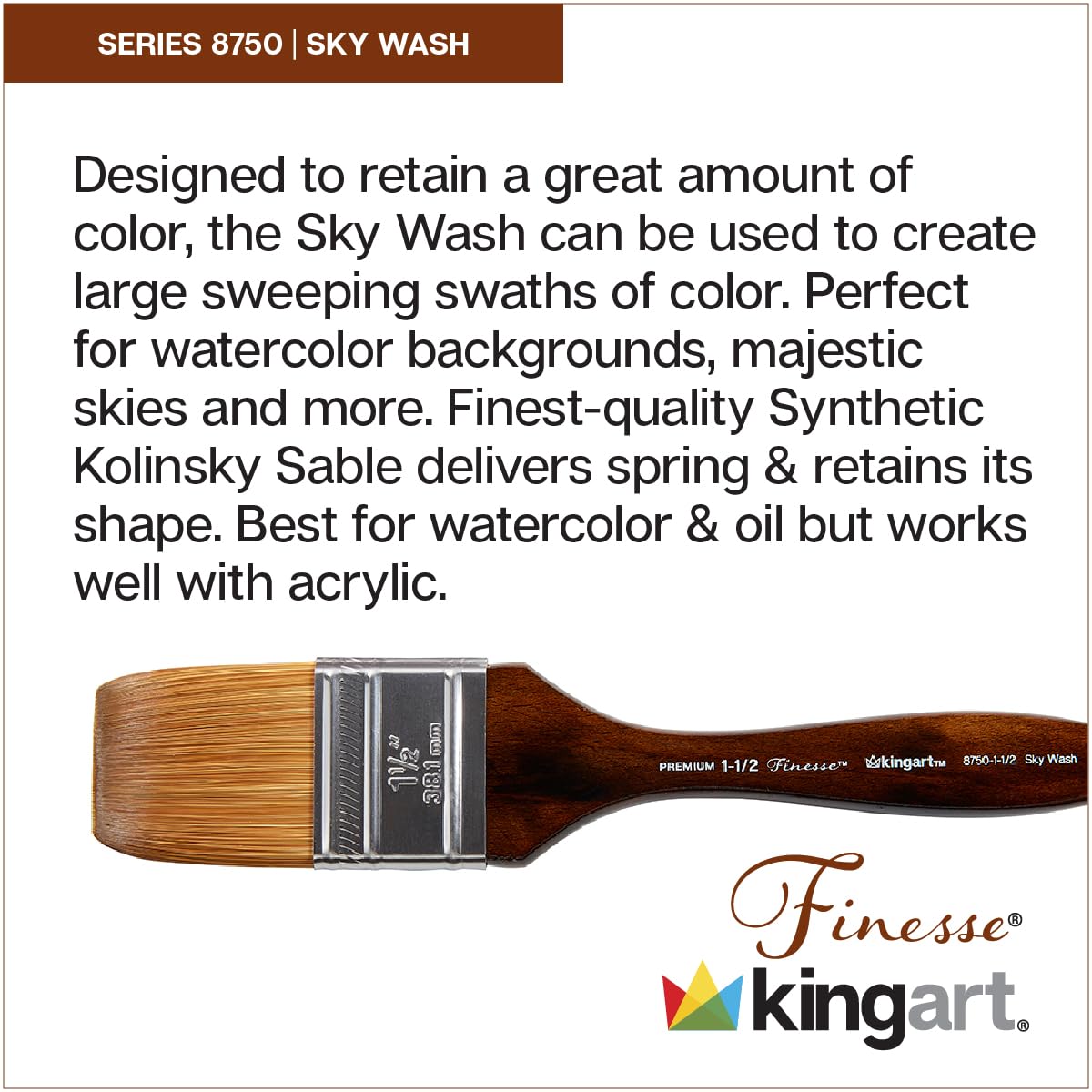KINGART Finesse 8750 Sky Wash Series Kolinsky Sable mezcla sintética Premium acuarela artista pincel tamaño 1 1/2