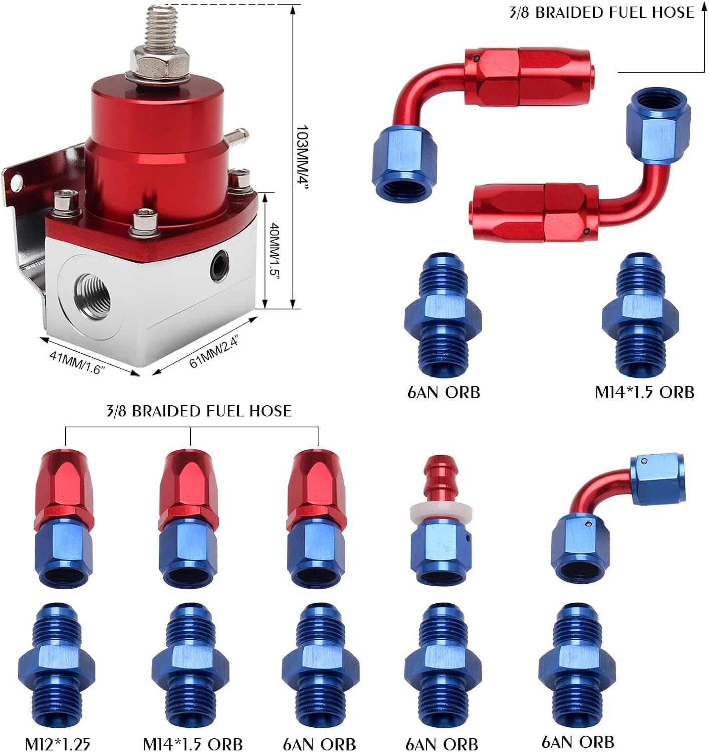 YESHMA EFI Fuel Pressure Regulator Kit 0-100psi with Gauge 6AN Fuel Line Fitting Universal Adjustable Aluminum (Blue+Red)