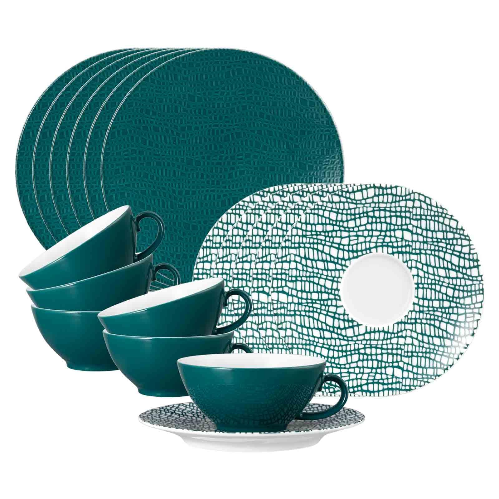 Seltmann Weiden Life Fashion Teeservice 18-teilig – Porzellan Geschirr-Set für 6 Personen, 6 Teetassen 140 ml, 6 Untertassen, 6 Brottellern – spülmaschinenfest & mikrowellengeeignet – Trendy Petrol