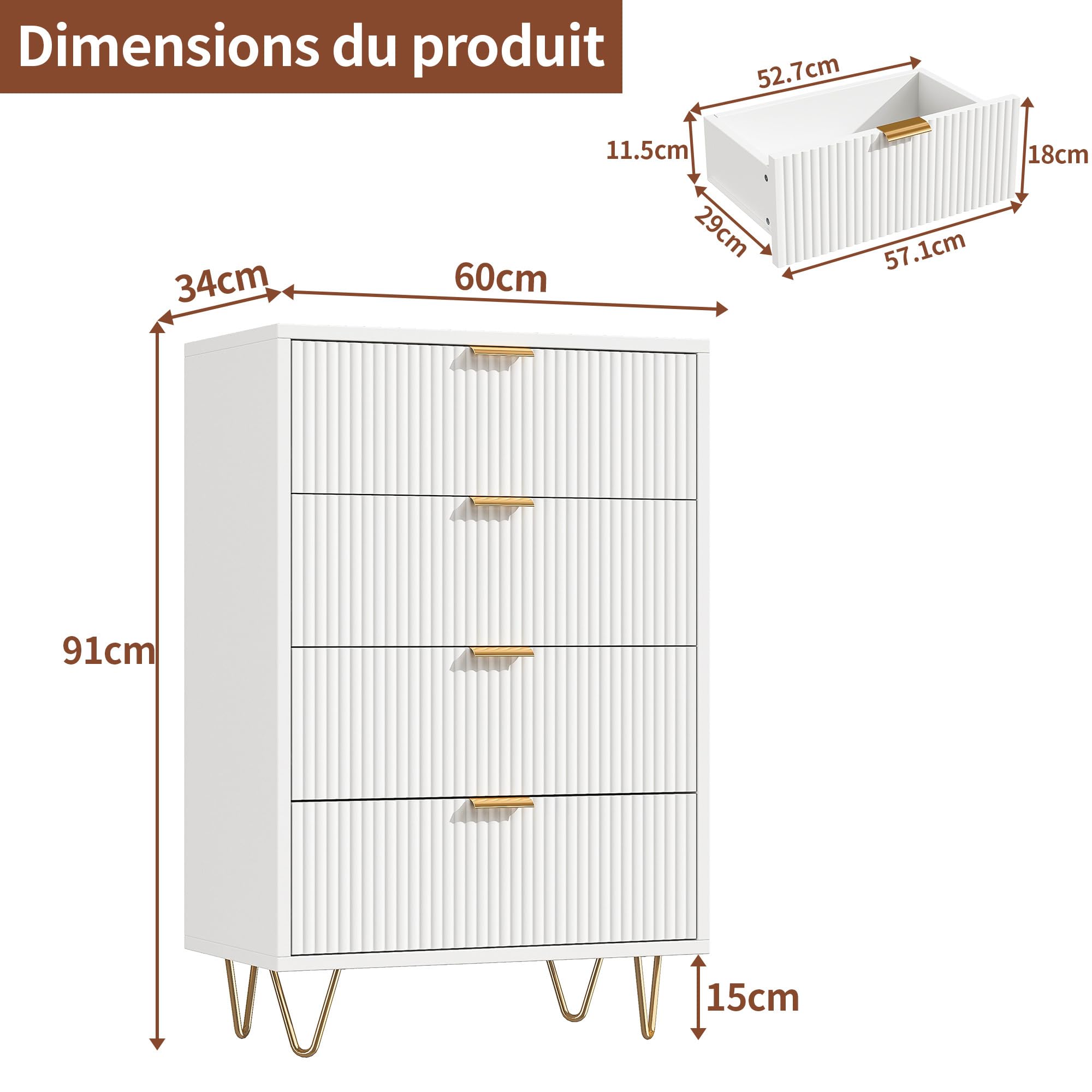 Commode 4 Tiroirs 60cm, Commode pour Chambre à Coucher, Enfant, Salon ou Couloir, Moderne Tiroirs Meuble de Rangement, 60x34x91 cm, Blanc (4 Tiroirs Blanc)