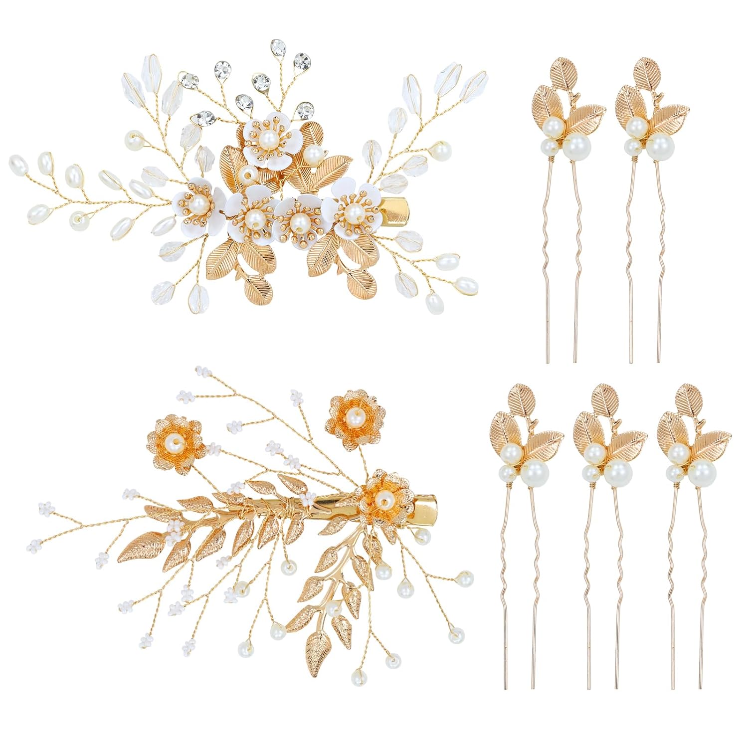 7 Pieces Gold Metal Party Prom Wedding Bridal Pearl Rhinestone Flower Hair Clips Barrettes+U-shaped Leaf Hairpins Headpieces Accessories for Brides Bridesmaids Women Girls