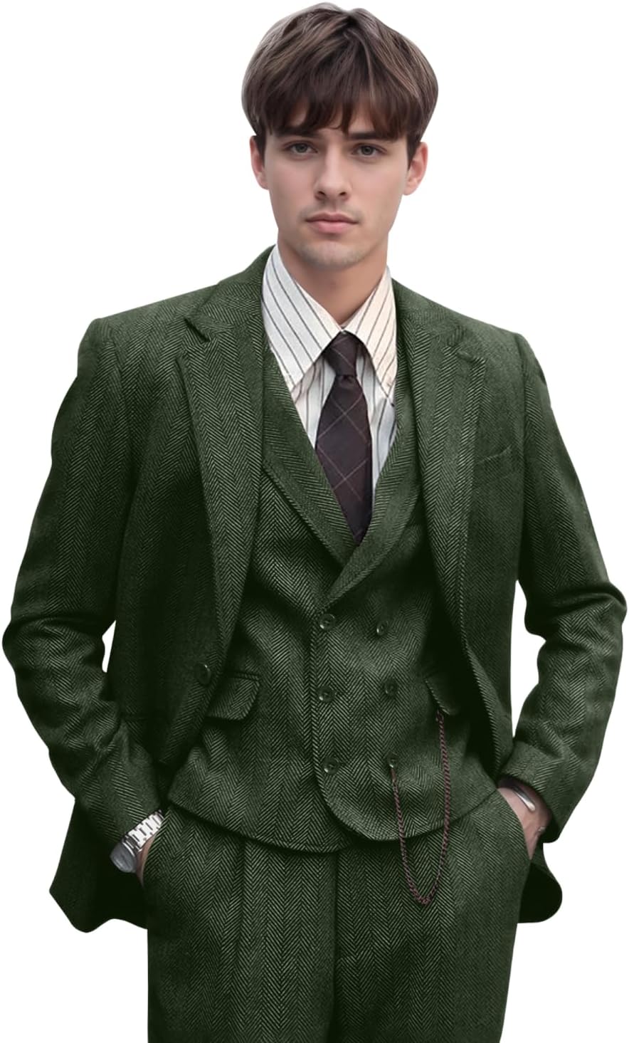 Men Suits 3 Piece Herringbone Tweed Suit for Men Slim Fit Suit Jacket Vest Pants Set Formal Wedding Tuxedos
