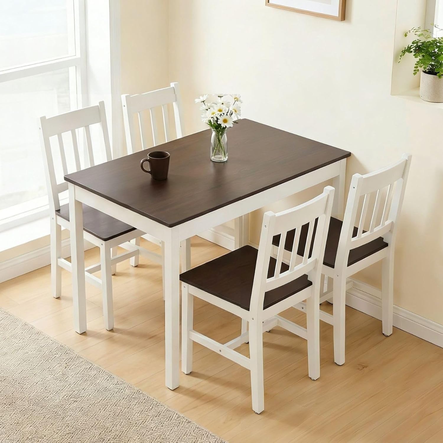chairus 5-Piece Solid Wood Dining Table Set, 42.5" Kitchen Table and 4 Chairs, Space-Saving Dinette Set for Small Space, Apartment, Compact Dining Room, Walnut Finish