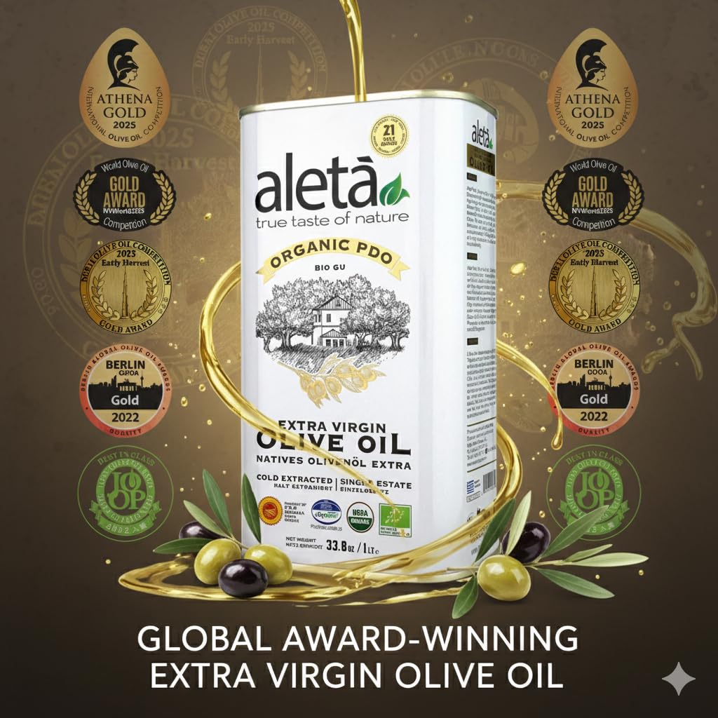 Aleta, Organic & PDO Extra Virgin Olive Oil, 2025 Gold Award, Certified Single Estate, Crete Greece, First-Cold Press, 1 Lt (33.8 oz.) Tin, Pack of 2