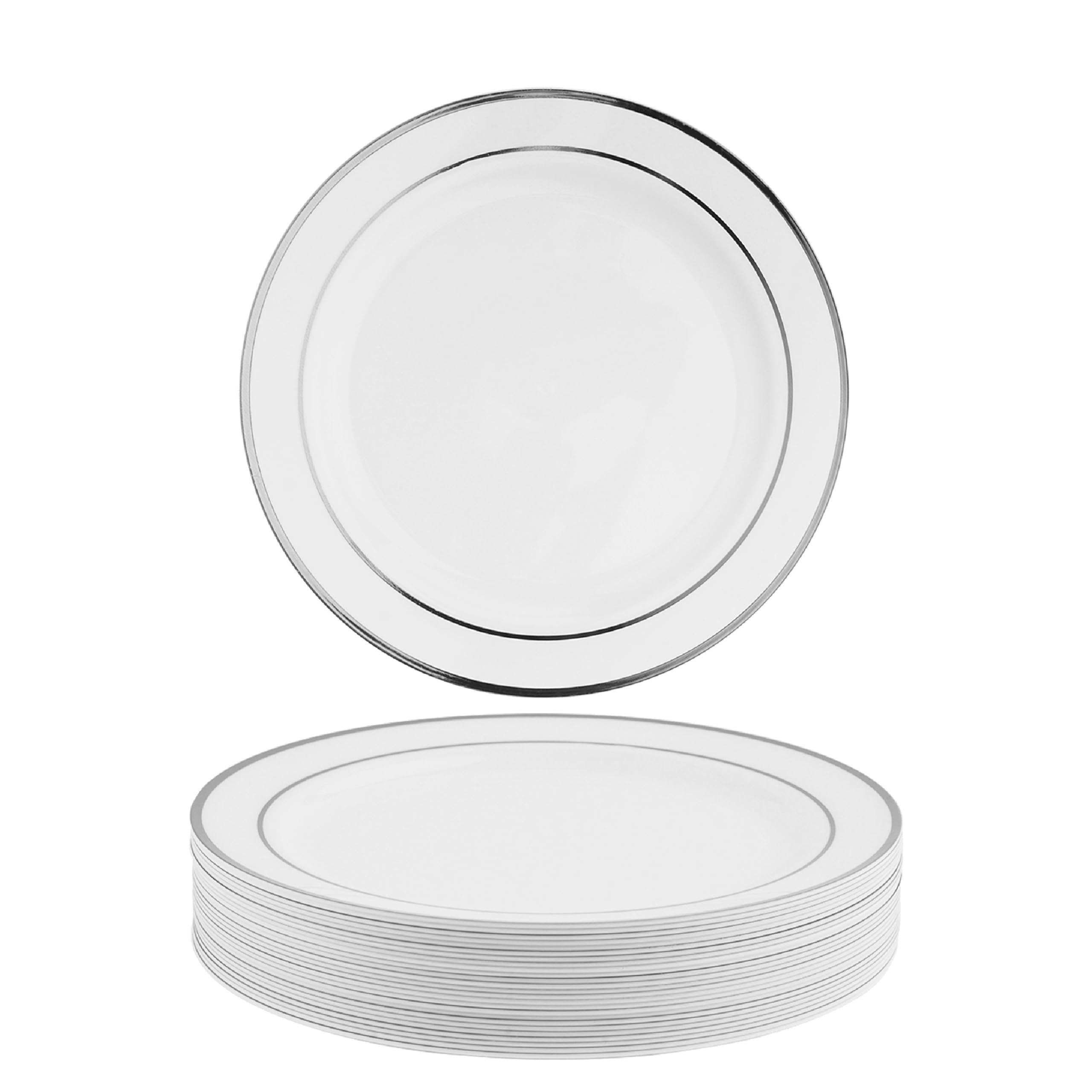 MATANA 25 Premium White Plastic Dinner Plates with Silver Rim, 26cm / 10 Inch