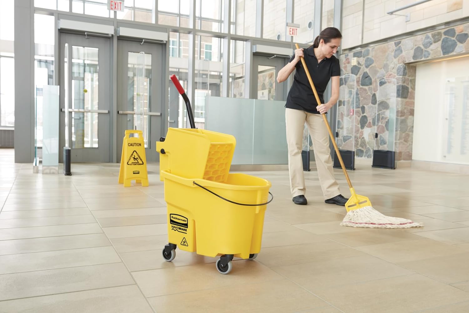 Rubbermaid Commercial Products WaveBrake 35 Qt. Side-Press Mop Bucket and Wringer Combo on Wheels Yellow for Professional/Industrial/Business Heavy-Duty Floor Cleaning/Mopping Rubbermaid Commercial Products WaveBrake 35 Qt. Side-Press Mop Bucket and Wringer Combo on Wheels Yellow for Professional/Industrial/Business Heavy-Duty Floor Cleaning/Mopping