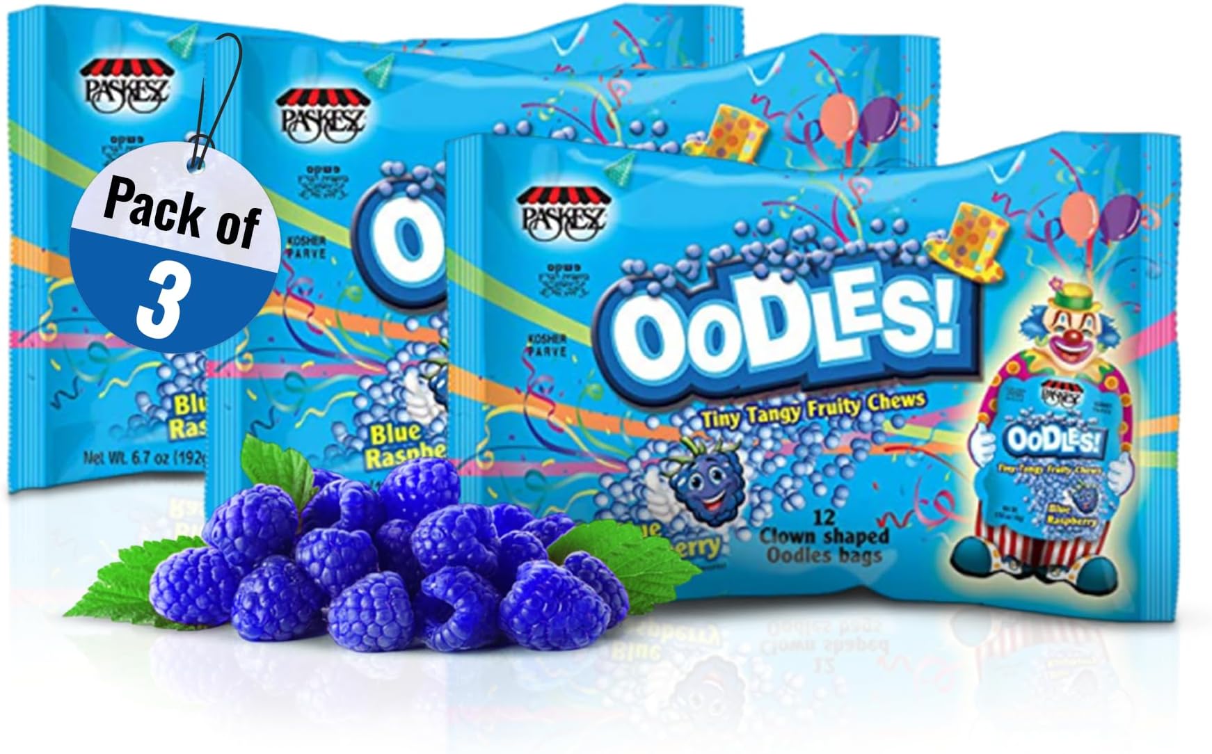 Only Kosher Candy Clown Shaped Oodles Raspberry Flavored Tiny Tangy Fruity Chewy Candy for Kids and Adults, Kosher Parve Fresh Candies, 12 Pouch Per Bag (Pack of 3)