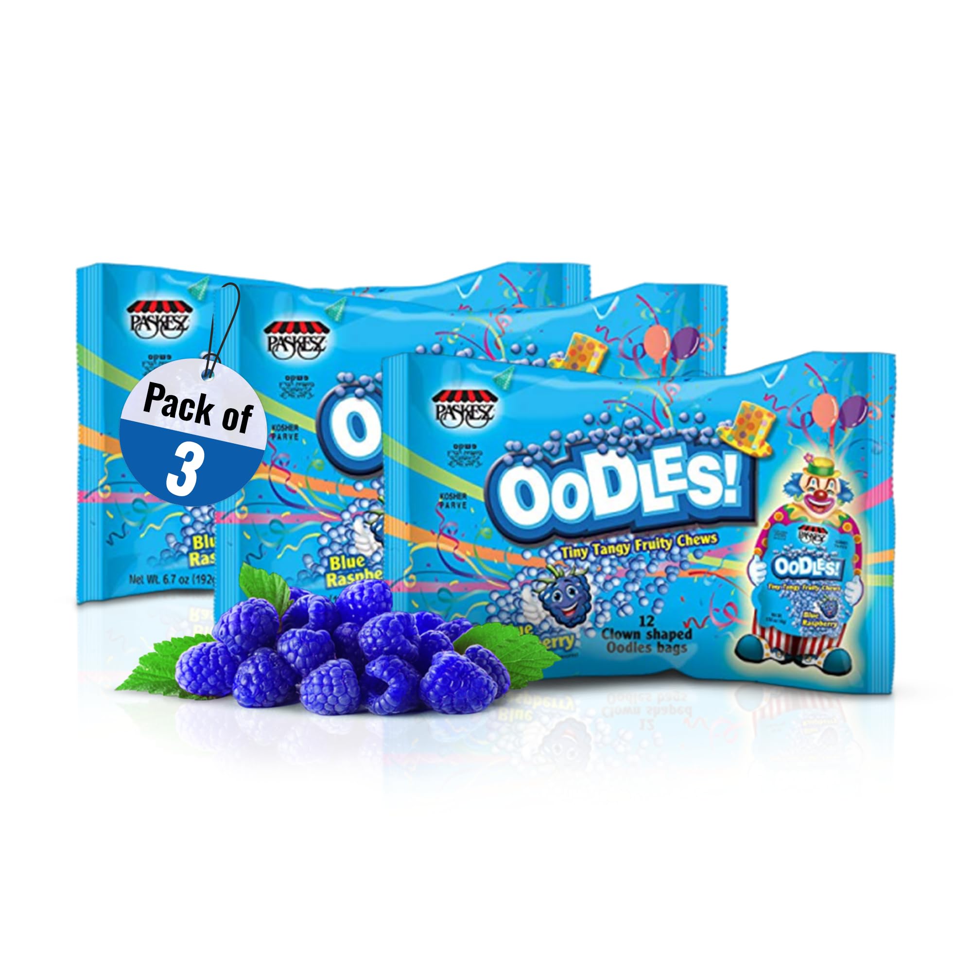 Only Kosher Candy Clown Shaped Oodles Raspberry Flavored Tiny Tangy Fruity Chewy Candy for Kids and Adults, Kosher Parve Fresh Candies, 12 Pouch Per Bag (Pack of 3)