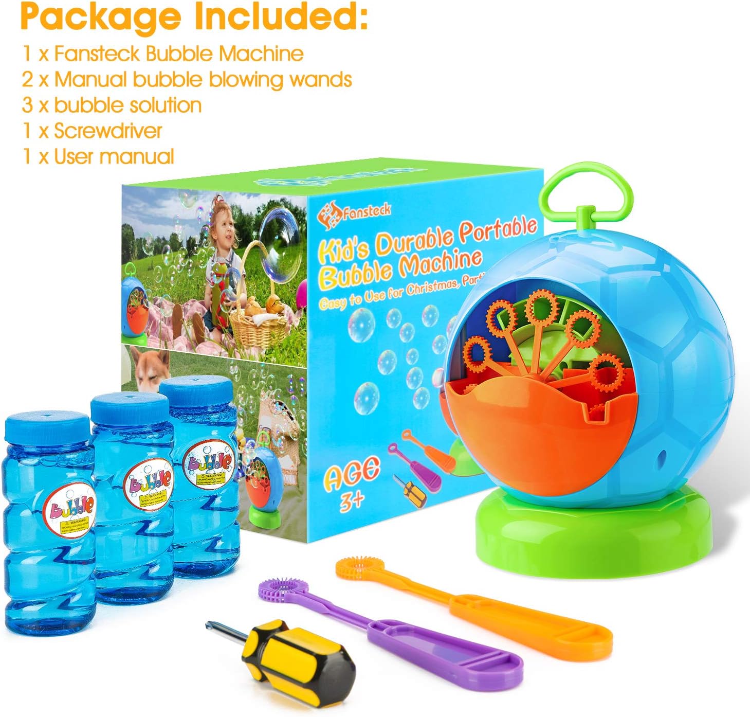 Fansteck Bubble Machine - Bubble Machine for Toddler and Kids Outdoors - Automatic Bubble Maker 800+ Bubbles per Minute - Easy to Use for Christmas, Parties, Wedding - Battery Bubble Blower Machine