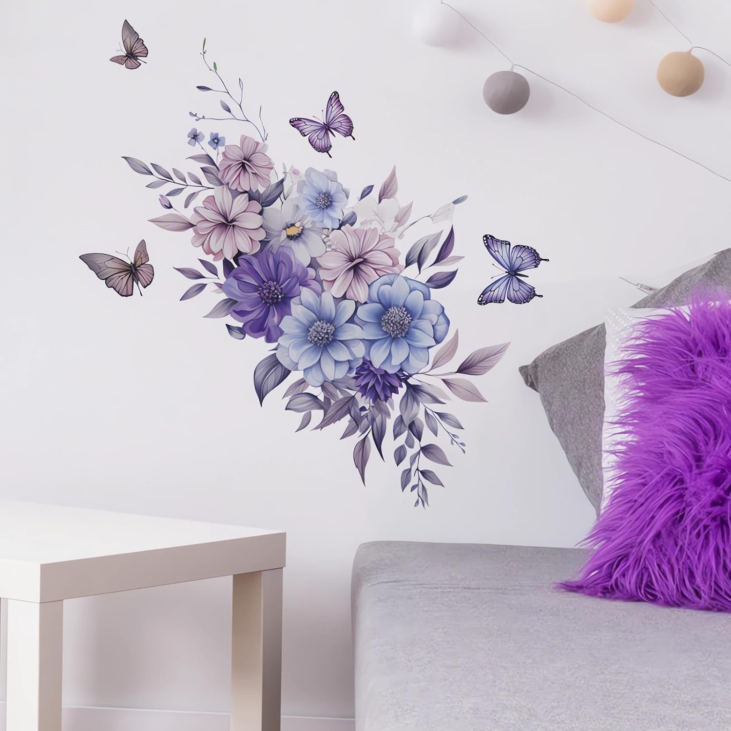 Blue Purple Daisy Flower Wall Stickers, sacinora Watercolor Chrysanthemum Butterfly Floral Art Wall Decals Removable Vinyl Peel and Stick for Living Room Bedroom Nursery Playroom Decorations - Image 2
