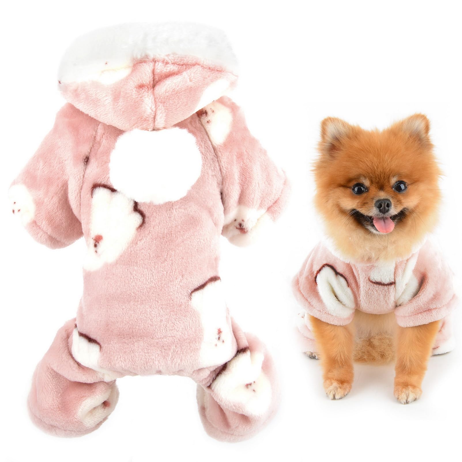 SMALLLEE_LUCKY_STORE Cute Doggy Print Fleece Hoodie Pajamas Pjs with Pom Pom Hood for Small Dog Cat Fall Winter Warm Pet Jumpsuit Puppy Pullover Sweater Kitten Chihuahua Yorkie Clothes,Pink,XXL
