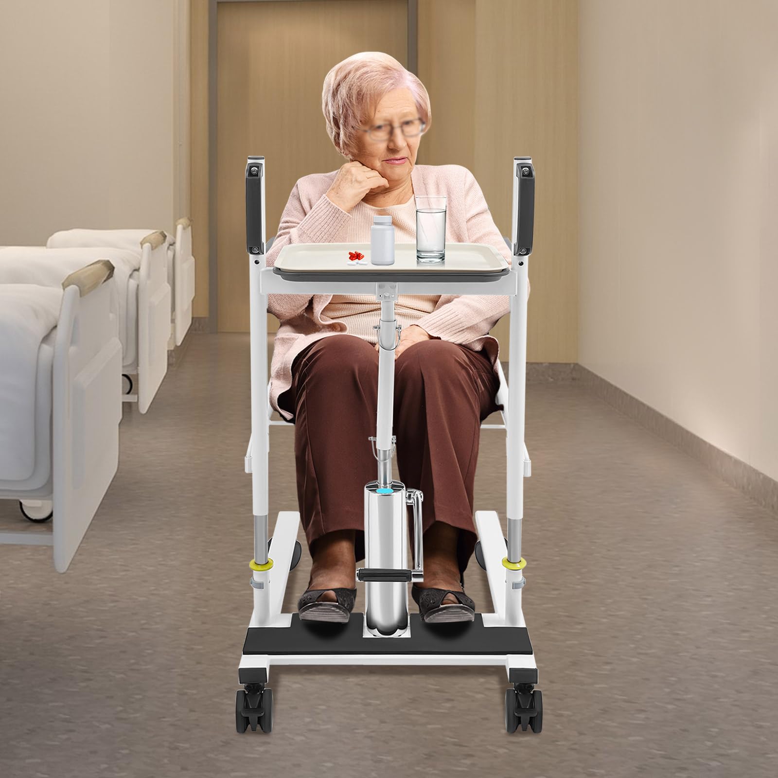 Silla elevadora hidráulica para pacientes 5 en 1, altura ajustable, asiento dividido de 180°, 150 kg, bandeja extraíble con ruedas de freno para personas mayores y discapacitadas, hogar